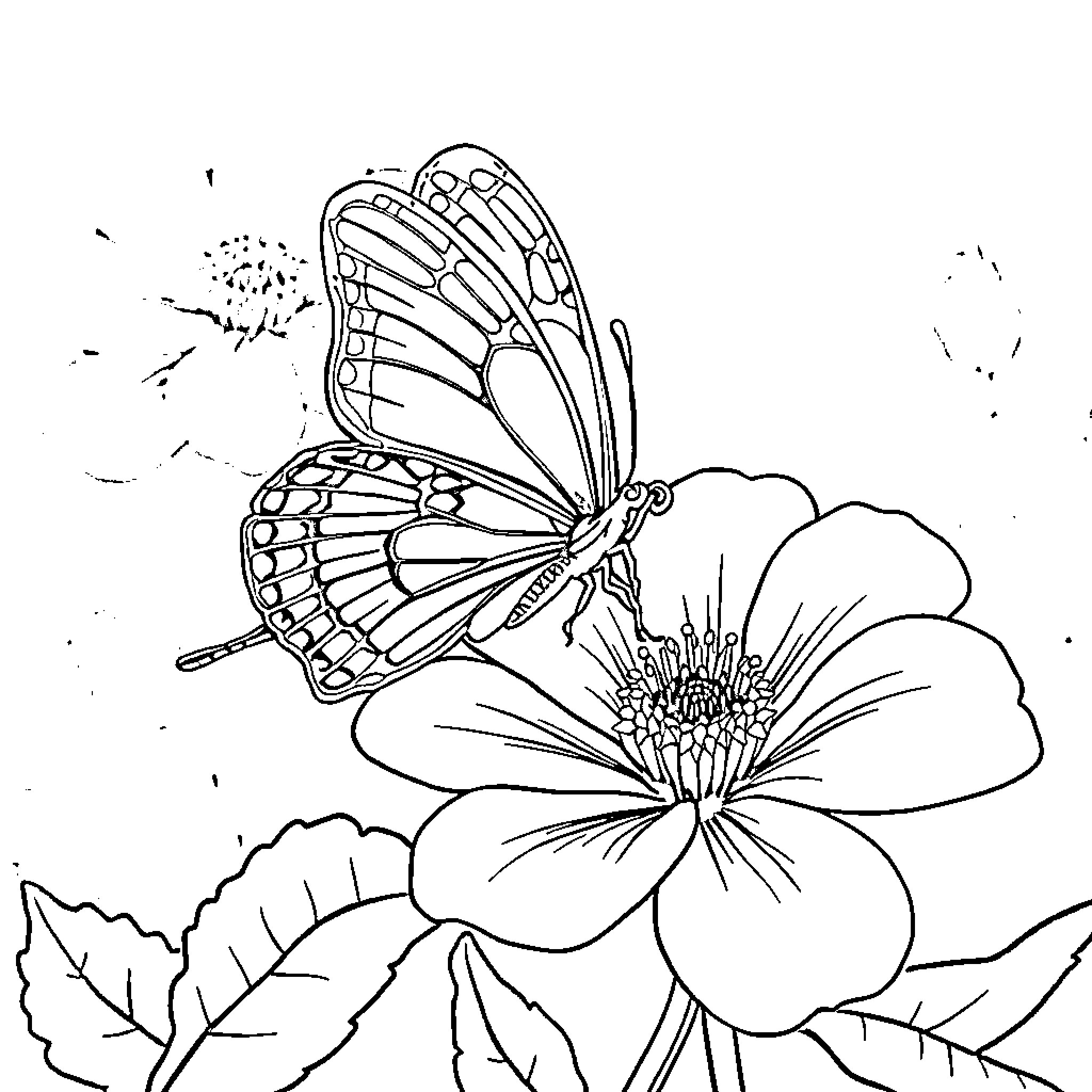 Butterfly resting on a blooming flower Coloring Page (free black-and-white line drawing printable PDF for all, from beginners to advanced learners, including children, teens, adults, and seniors)