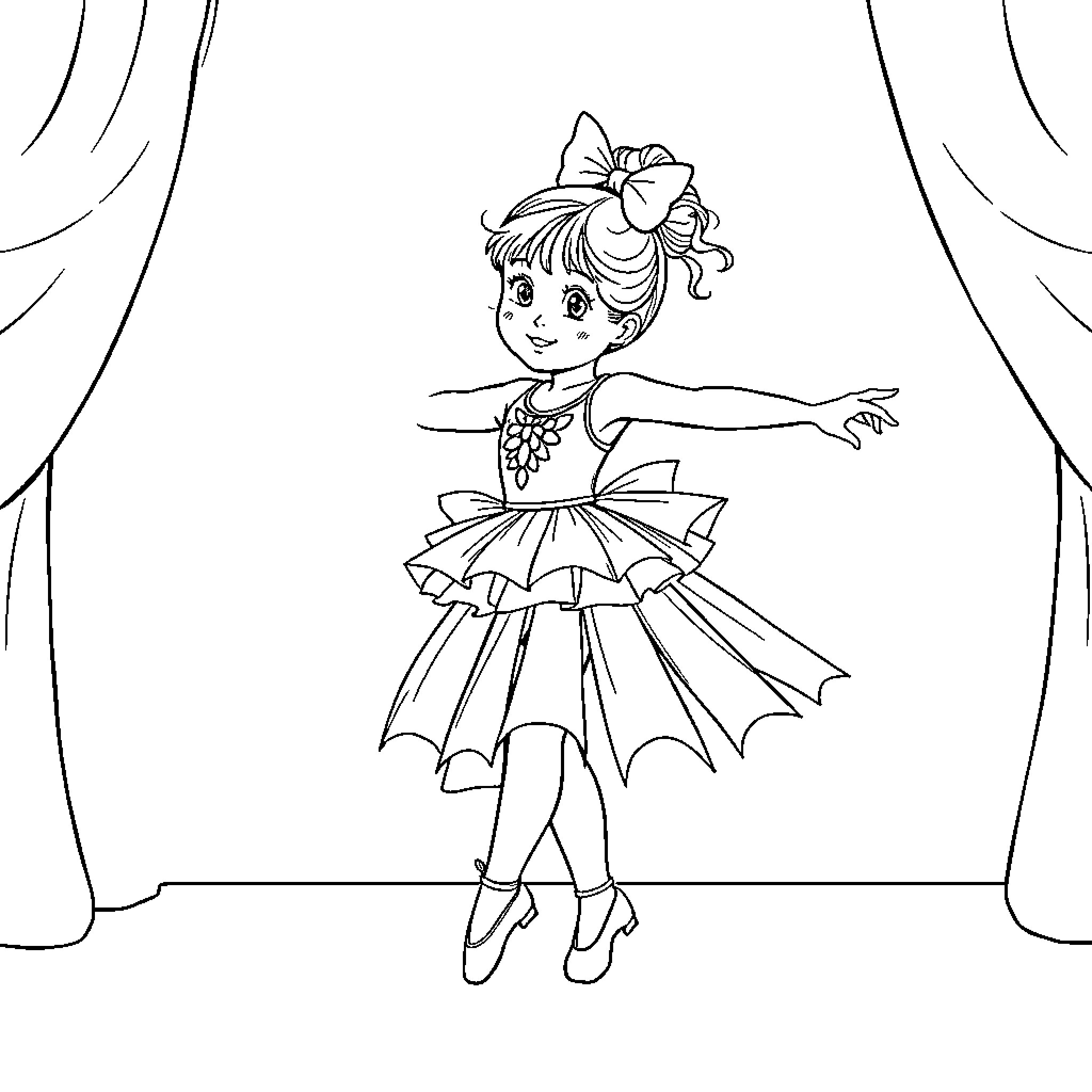 Girl ballerina dancing on stage Coloring Page (free black-and-white line drawing printable PDF for all, from beginners to advanced learners, including children, teens, adults, and seniors)