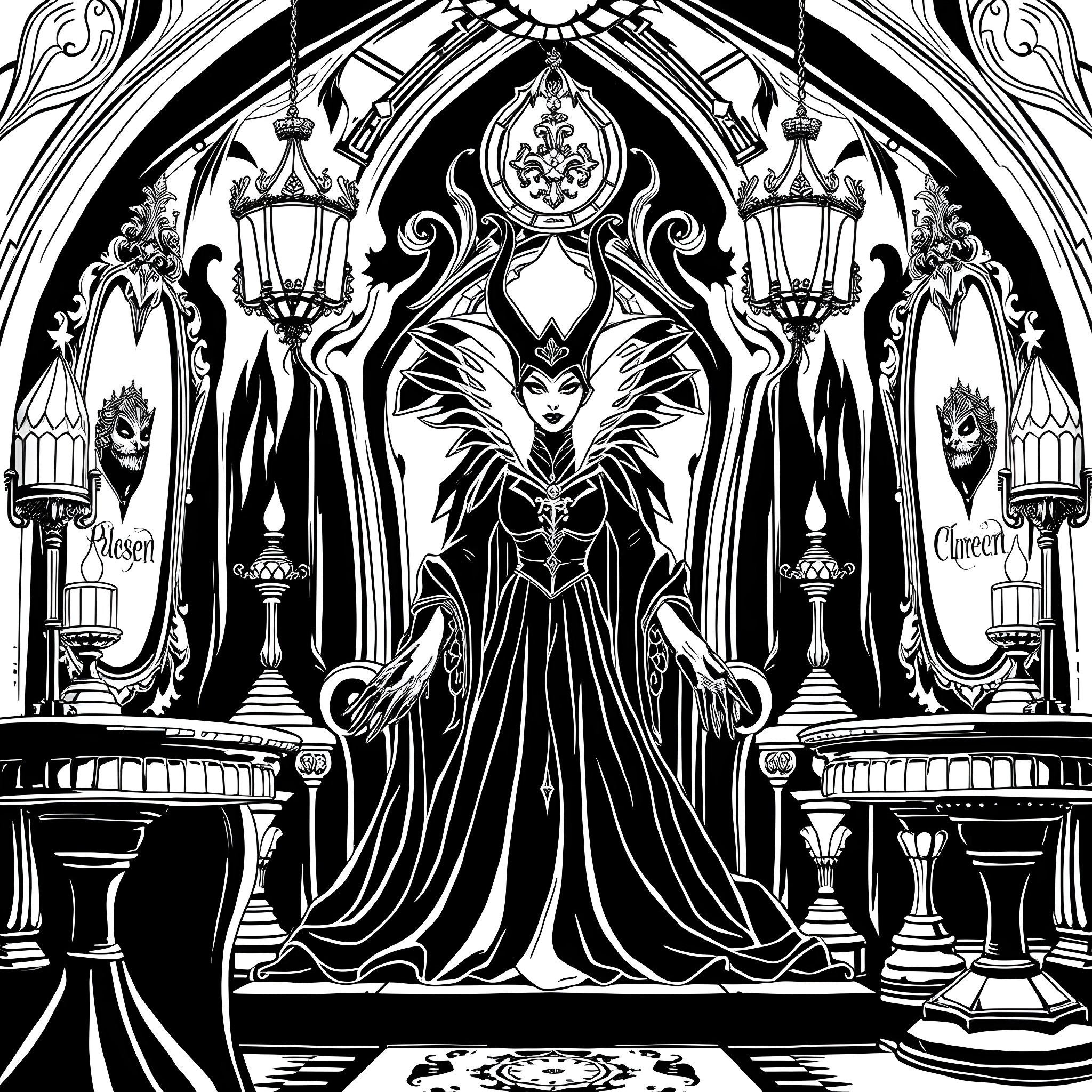 Snow White's Evil Queen in Regal Attire Coloring Page (free black-and-white line drawing printable PDF for all, from beginners to advanced learners, including children, teens, adults, and seniors)