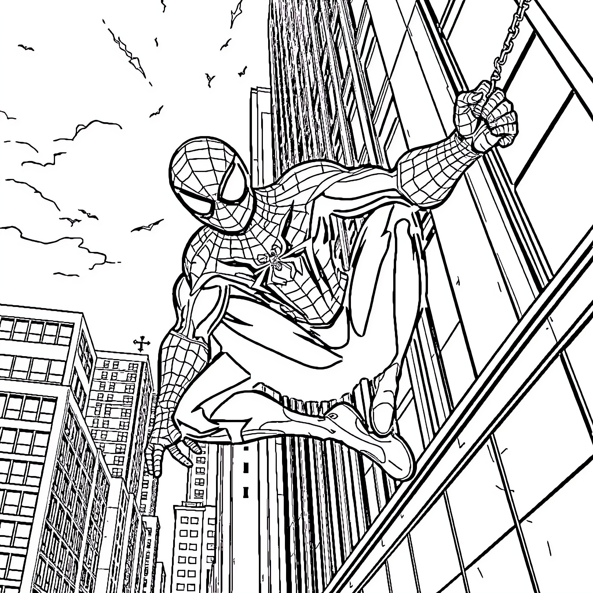 Spider-Man swinging heroically through the city skyline Coloring Page (free black-and-white line drawing printable PDF for all, from beginners to advanced learners, including children, teens, adults, and seniors)