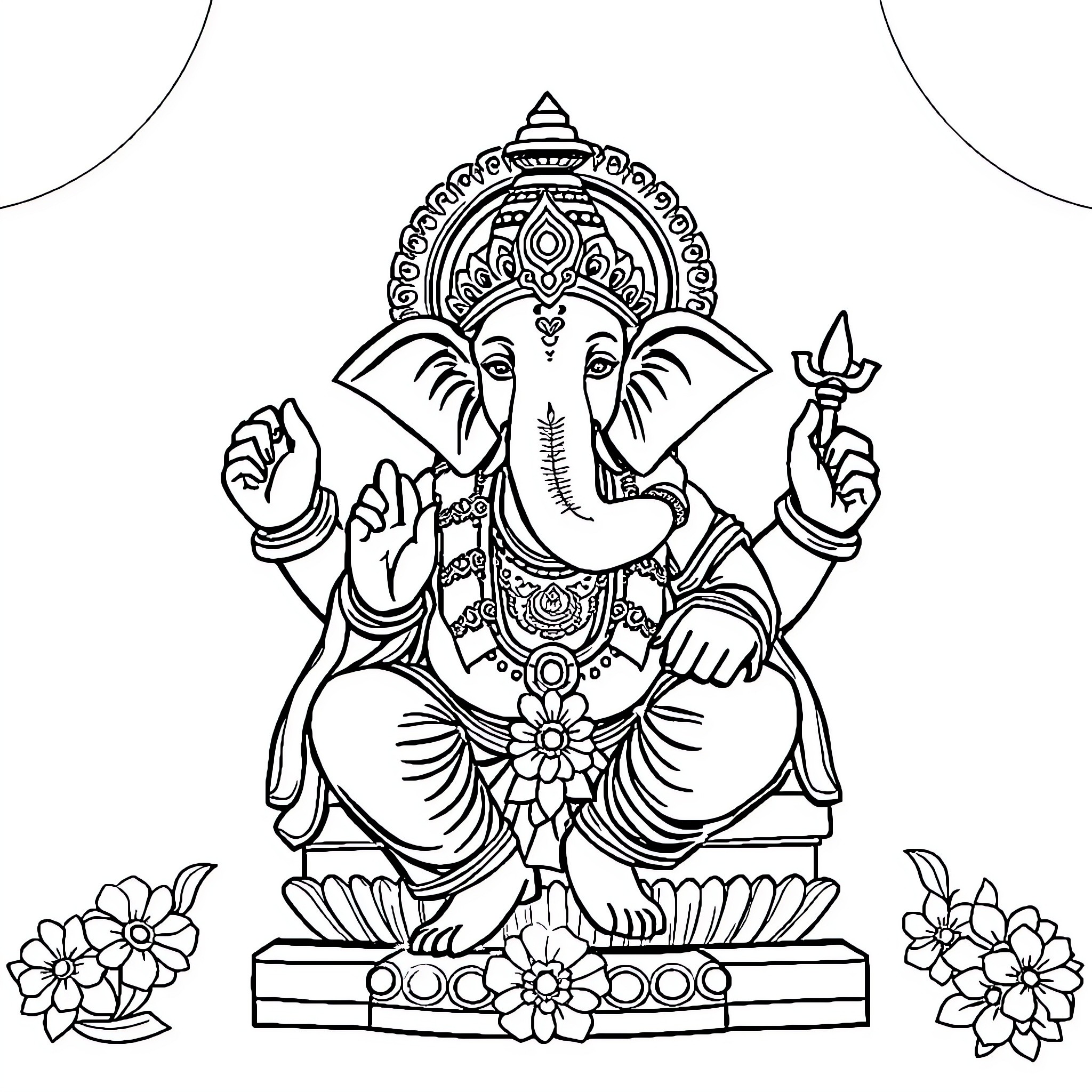 Ganpati sitting peacefully amidst floral decor Coloring Page (free black-and-white line drawing printable PDF for all, from beginners to advanced learners, including children, teens, adults, and seniors)