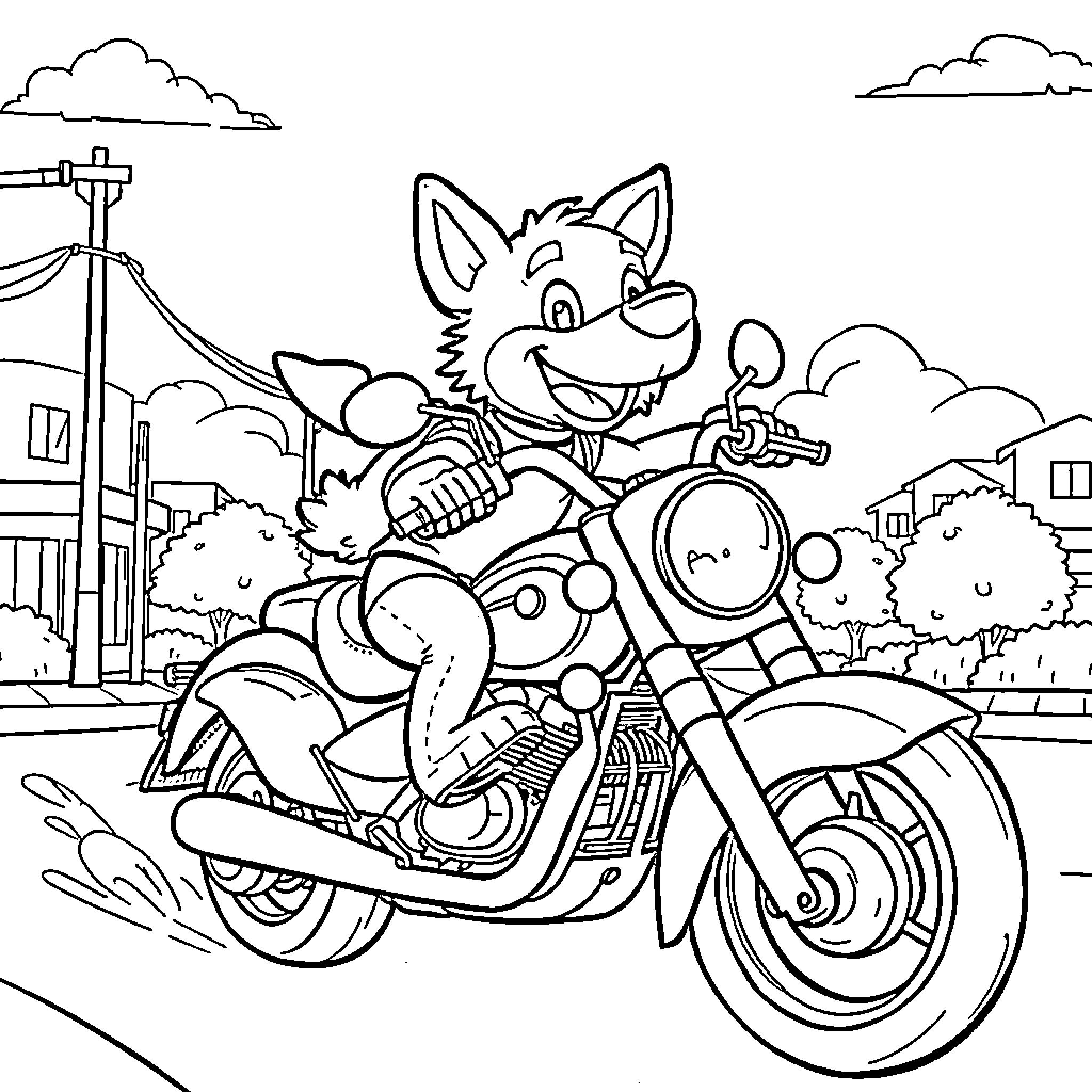 Bluey's Wild Motorcycle Adventure Coloring Page (free black-and-white line drawing printable PDF for all, from beginners to advanced learners, including children, teens, adults, and seniors)