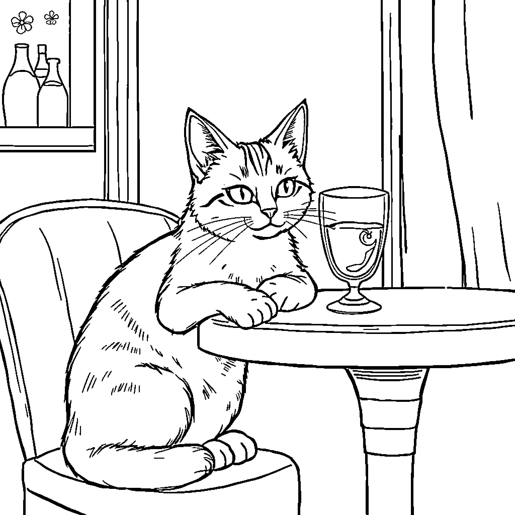 Cat enjoying a glass of wine in the home Coloring Page (free black-and-white line drawing printable PDF for all, from beginners to advanced learners, including children, teens, adults, and seniors)