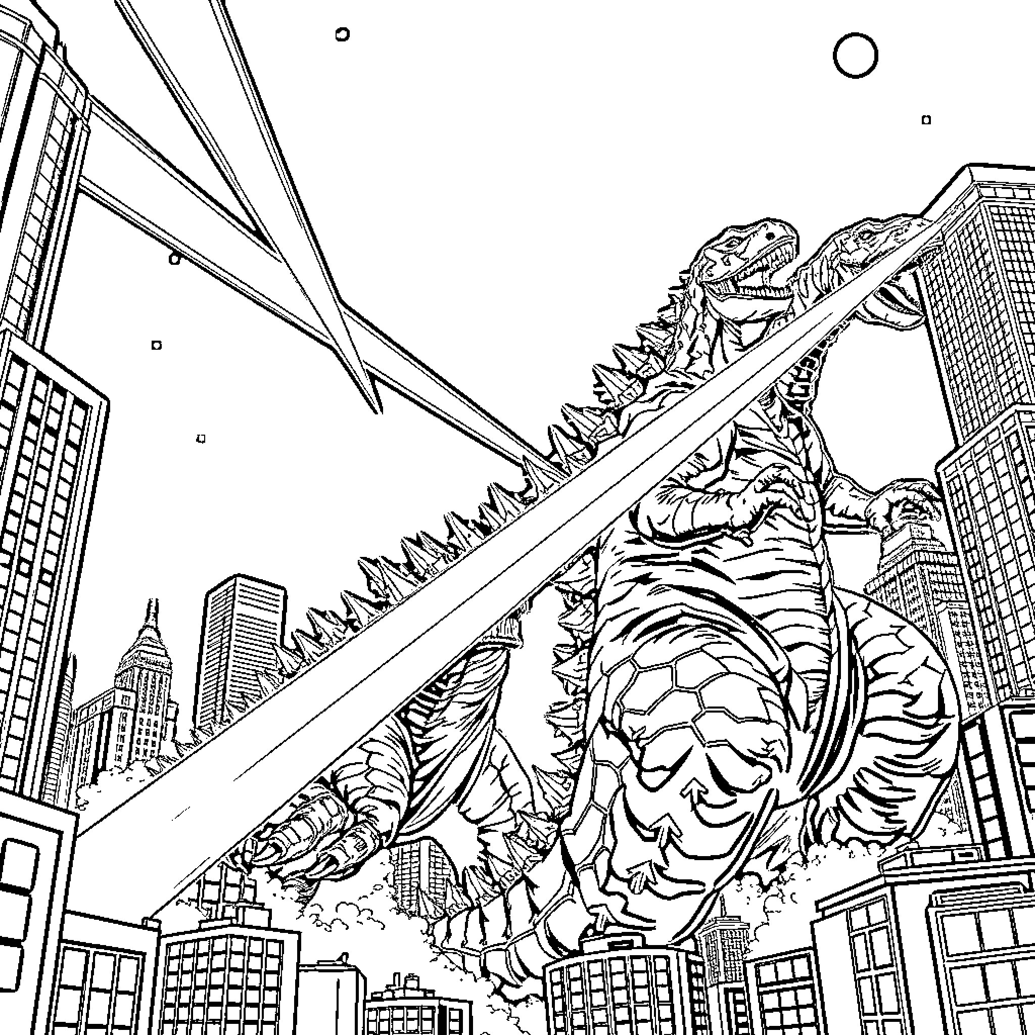 Godzilla rampaging through a bustling city skyline Coloring Page (free black-and-white line drawing printable PDF for all, from beginners to advanced learners, including children, teens, adults, and seniors)