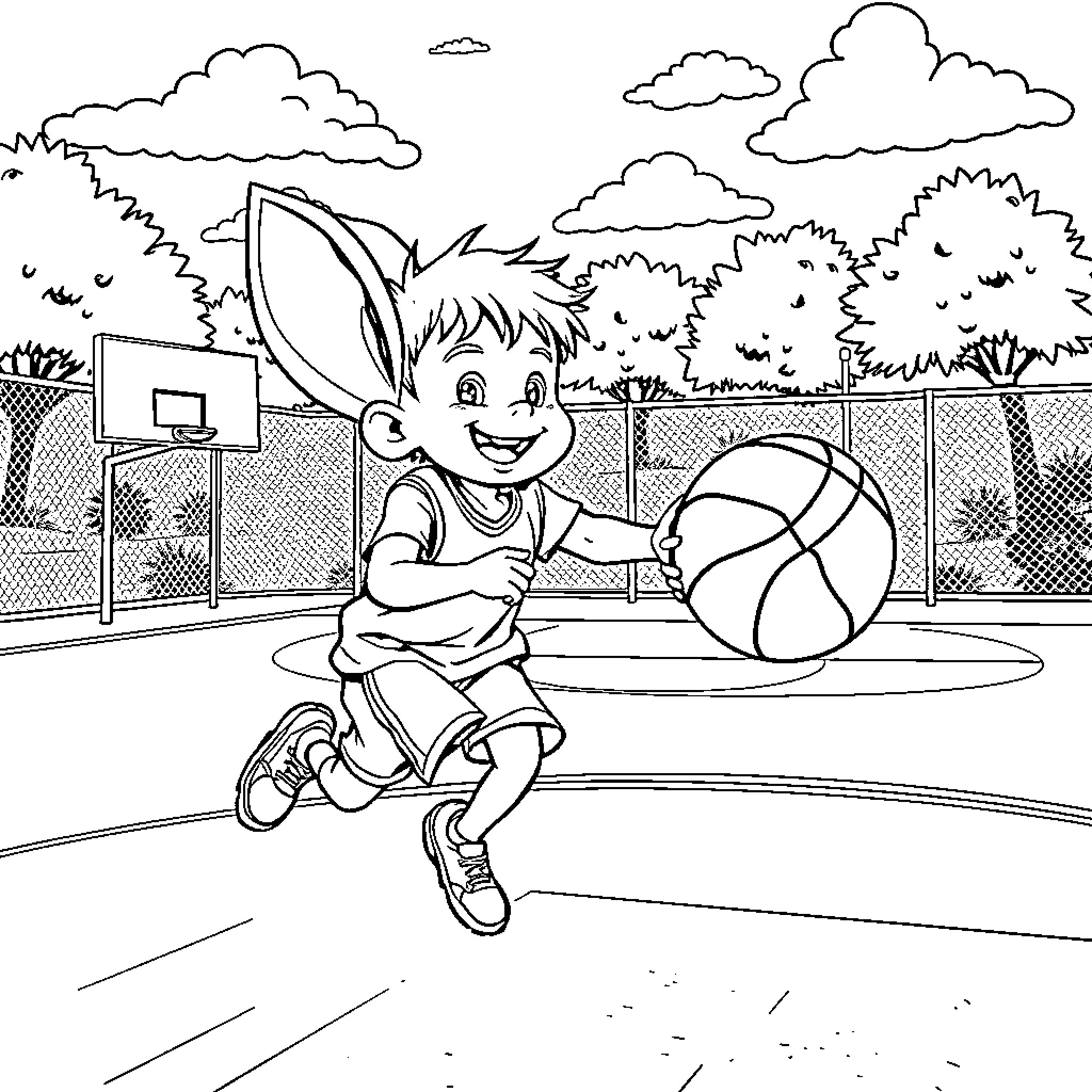 Boy playing basketball joyfully on outdoor court Coloring Page (free black-and-white line drawing printable PDF for all, from beginners to advanced learners, including children, teens, adults, and seniors)
