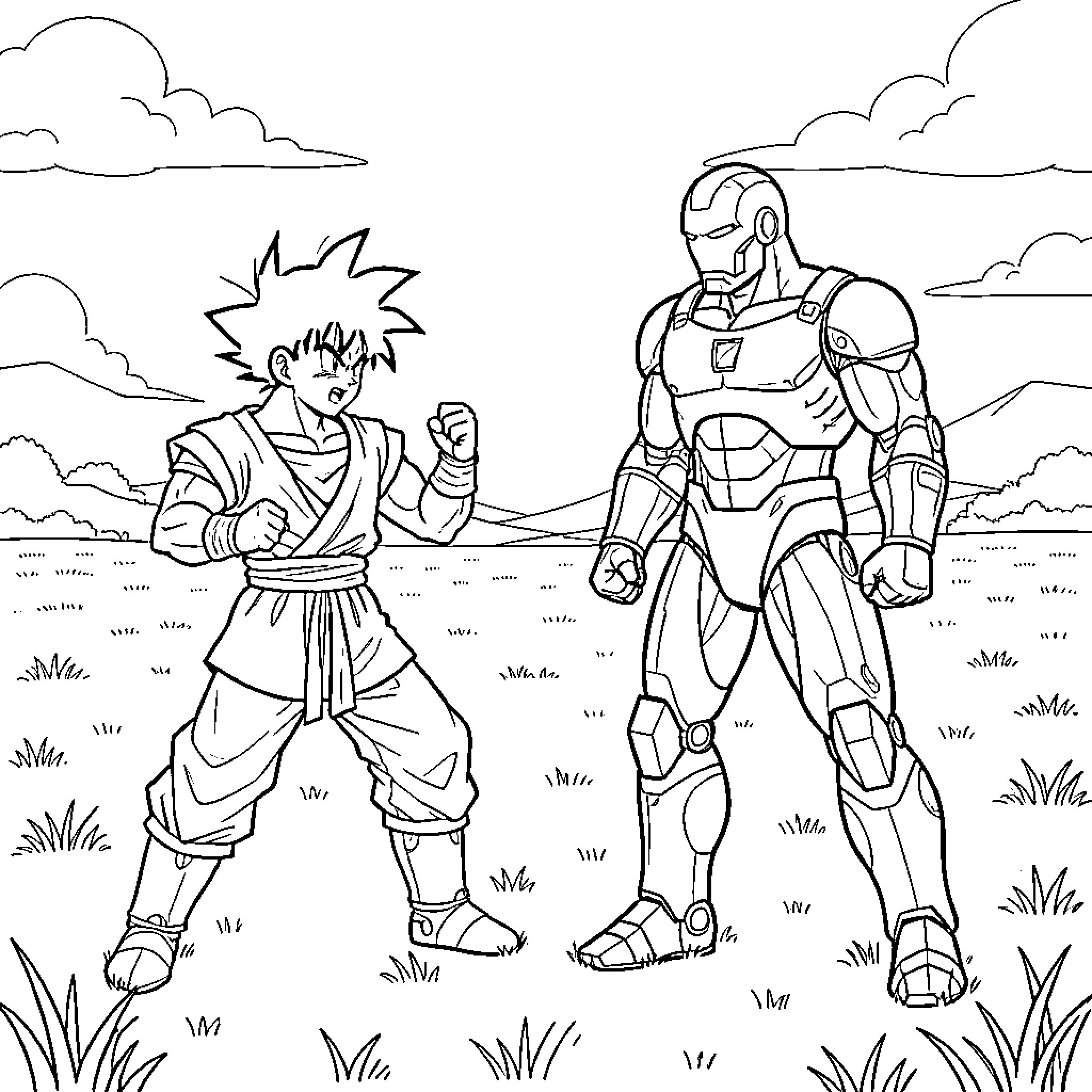 Songoku facing off against Iron Man in a field Coloring Page (free black-and-white line drawing printable PDF for all, from beginners to advanced learners, including children, teens, adults, and seniors)
