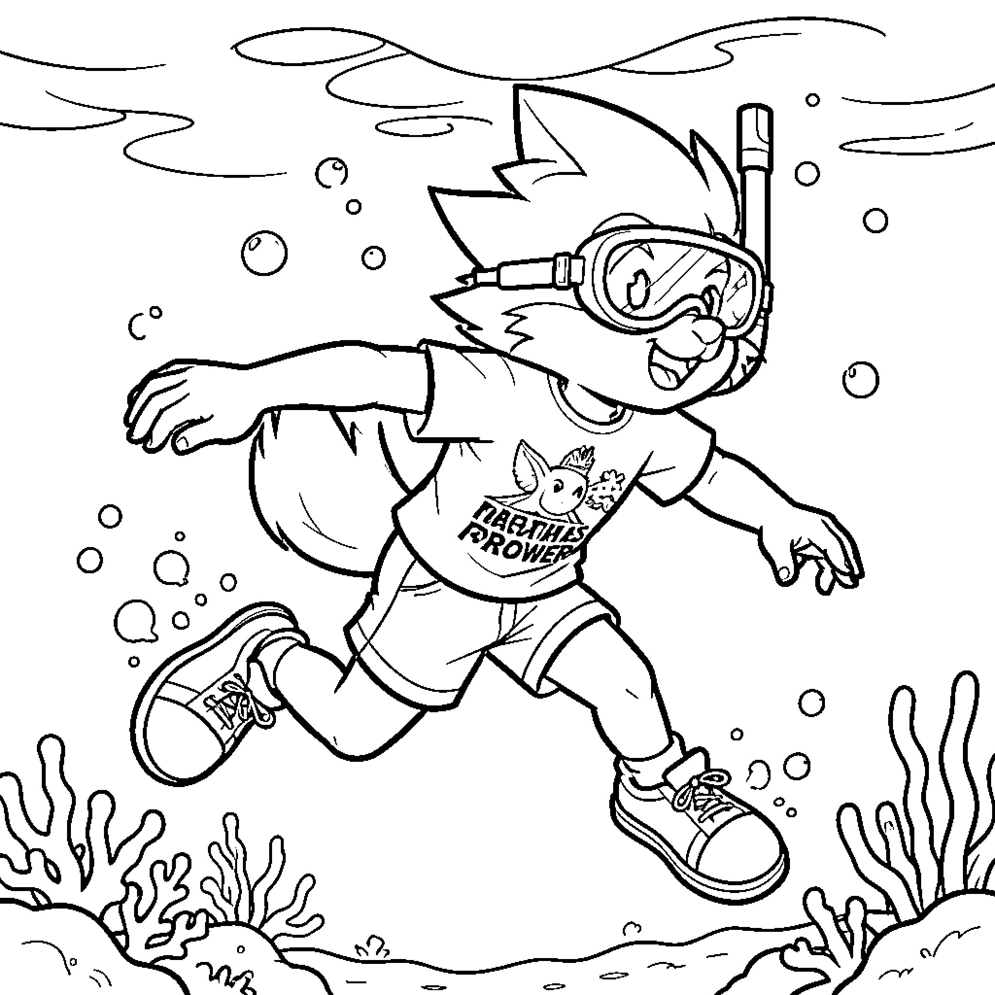 Miles Tails Prower swimming underwater with goggles and snorkel Coloring Page (free black-and-white line drawing printable PDF for all, from beginners to advanced learners, including children, teens, adults, and seniors)