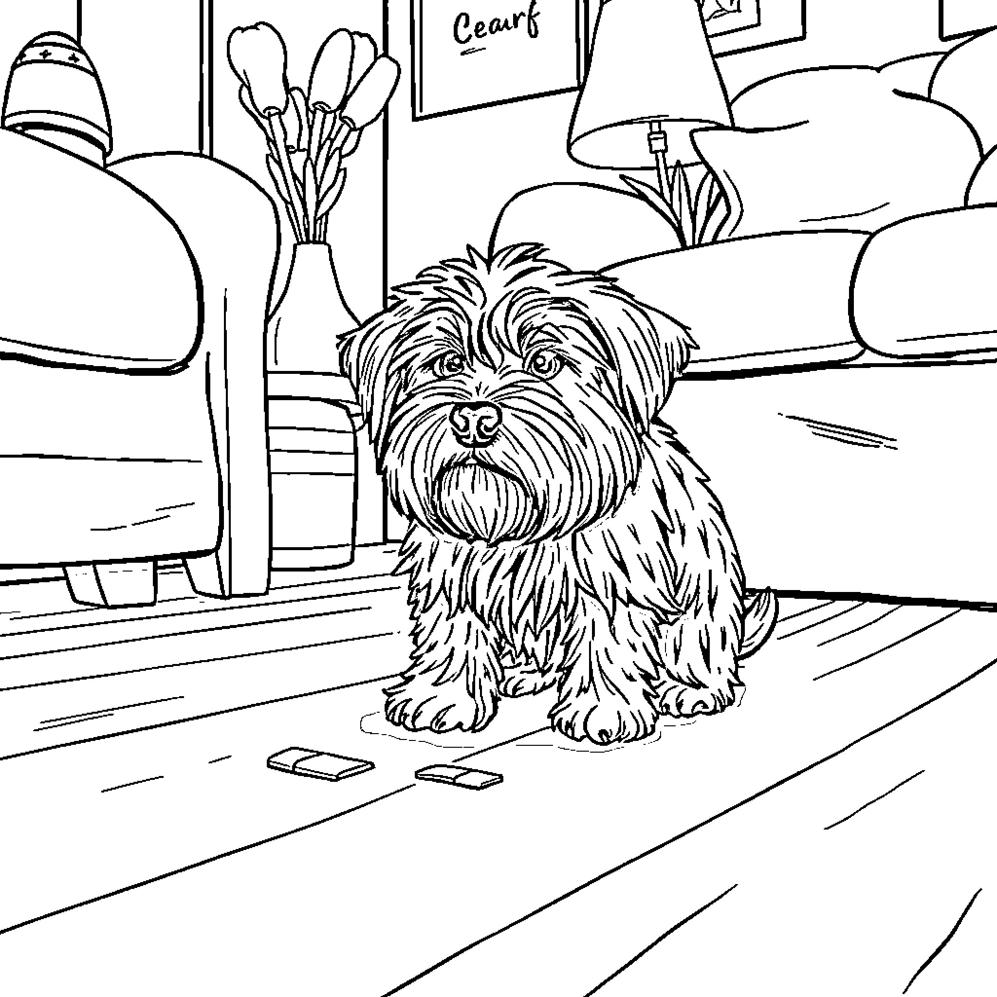 Dog sitting in a cozy home environment Coloring Page (free black-and-white line drawing printable PDF for all, from beginners to advanced learners, including children, teens, adults, and seniors)