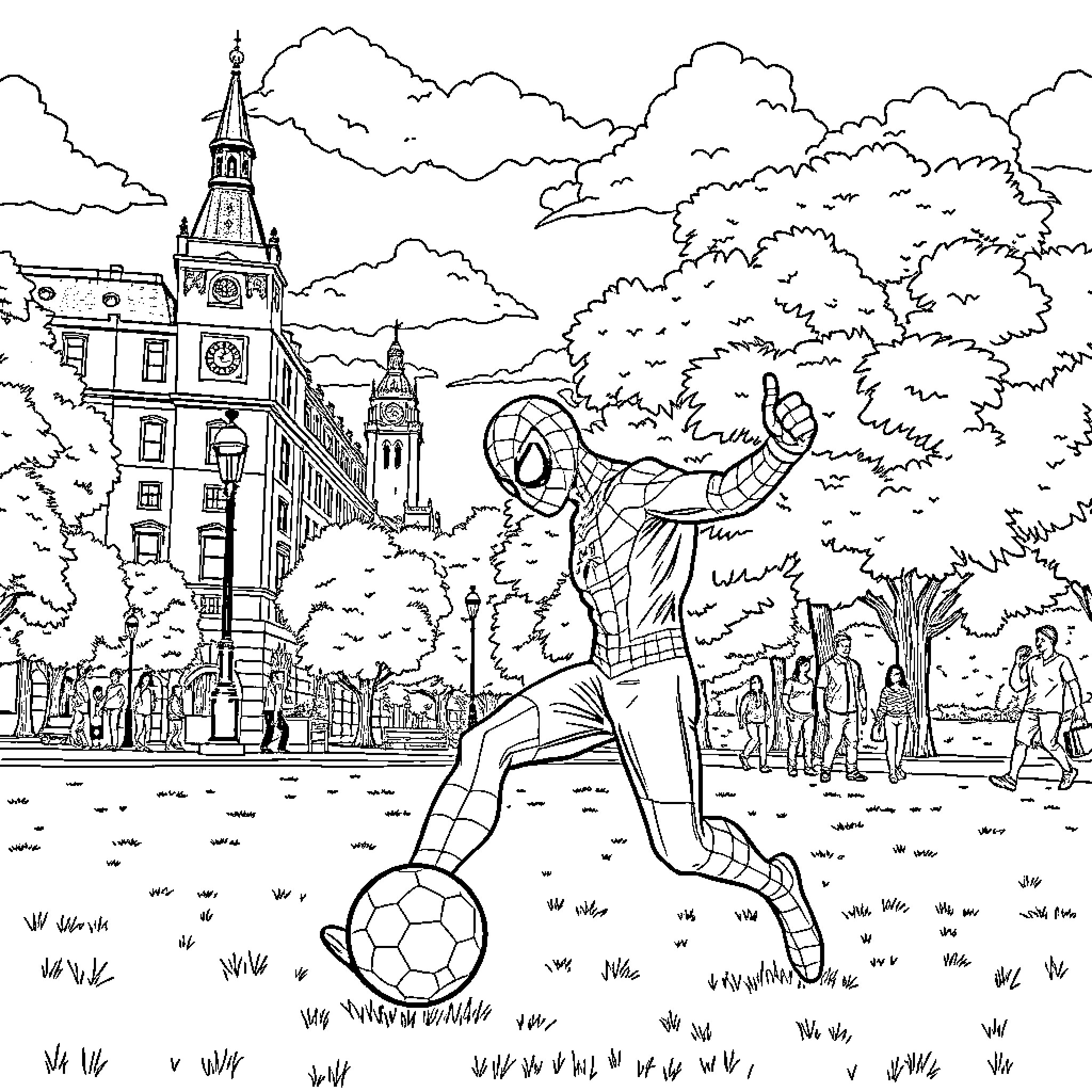 Spiderman playing soccer in a city park Coloring Page (free black-and-white line drawing printable PDF for all, from beginners to advanced learners, including children, teens, adults, and seniors)