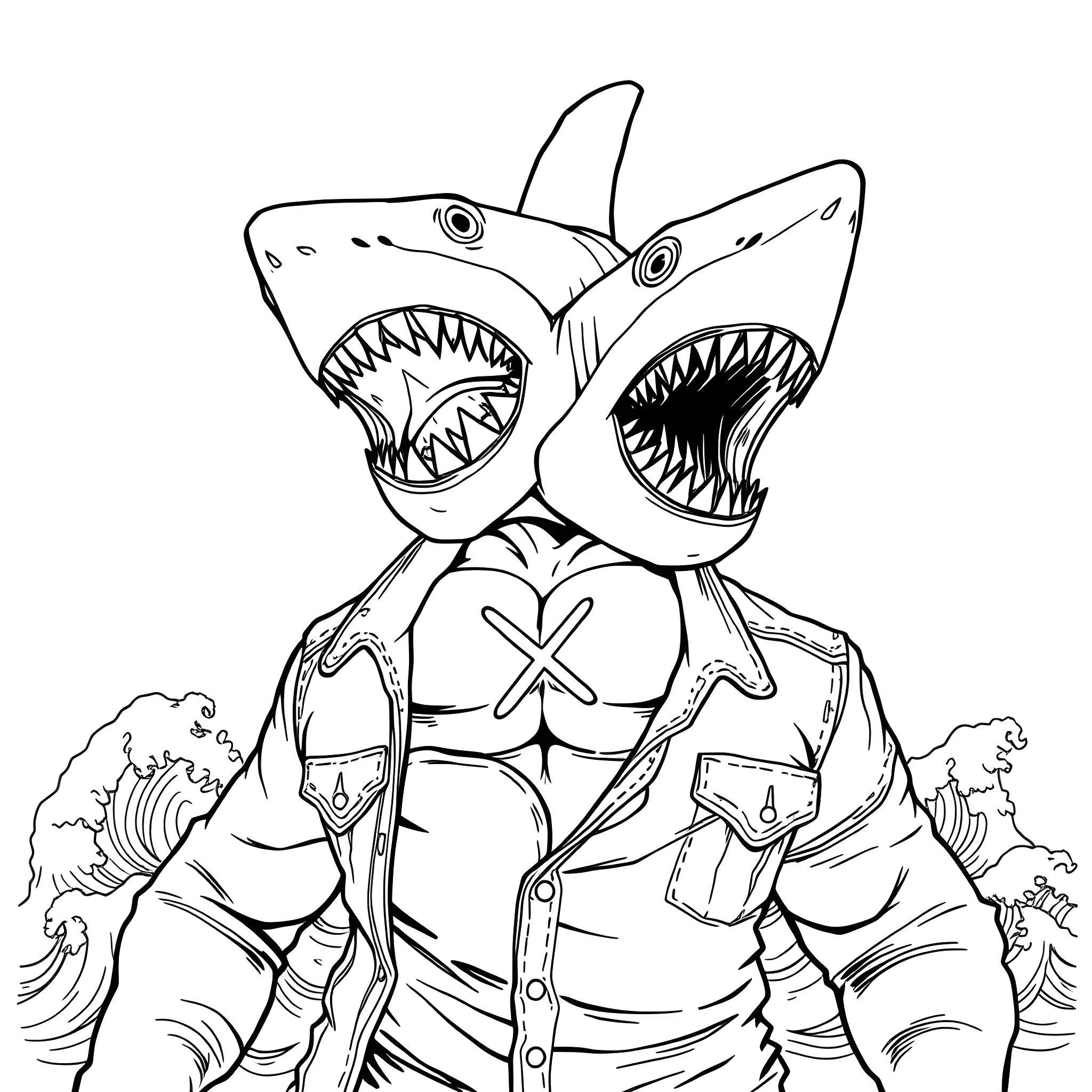 Shark Brothers Attacking with Ferocity Coloring Page (free black-and-white line drawing printable PDF for all, from beginners to advanced learners, including children, teens, adults, and seniors)