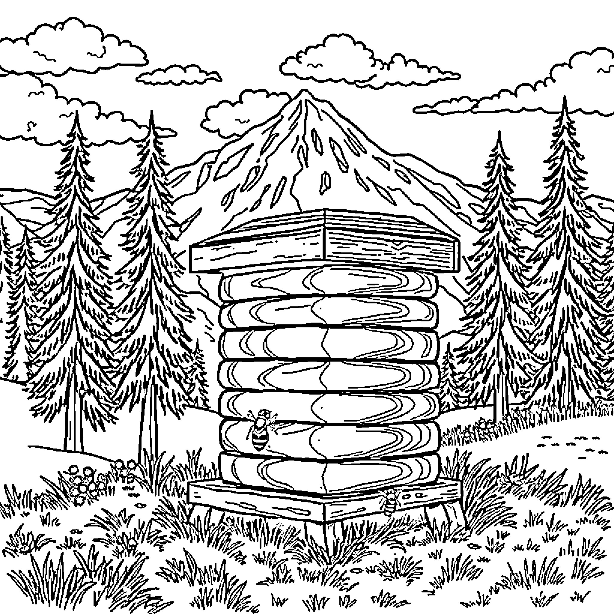 Bee Hive Atop Picturesque Mountain Landscape Coloring Page (free black-and-white line drawing printable PDF for all, from beginners to advanced learners, including children, teens, adults, and seniors)