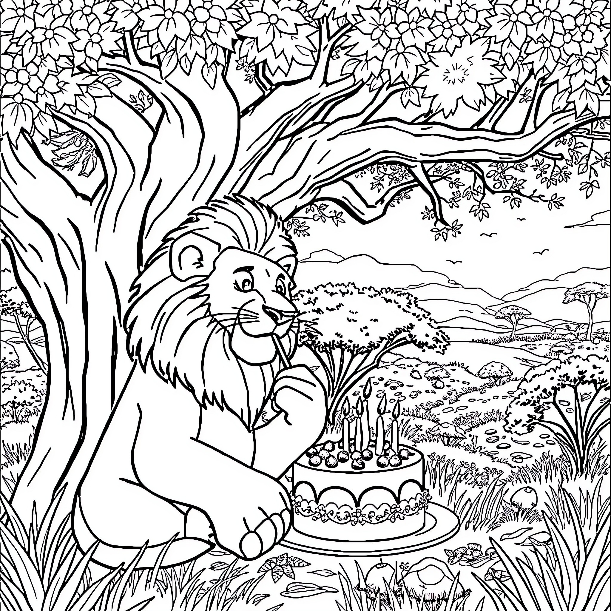 Lion enjoying a birthday cake in the forest Coloring Page (free black-and-white line drawing printable PDF for all, from beginners to advanced learners, including children, teens, adults, and seniors)