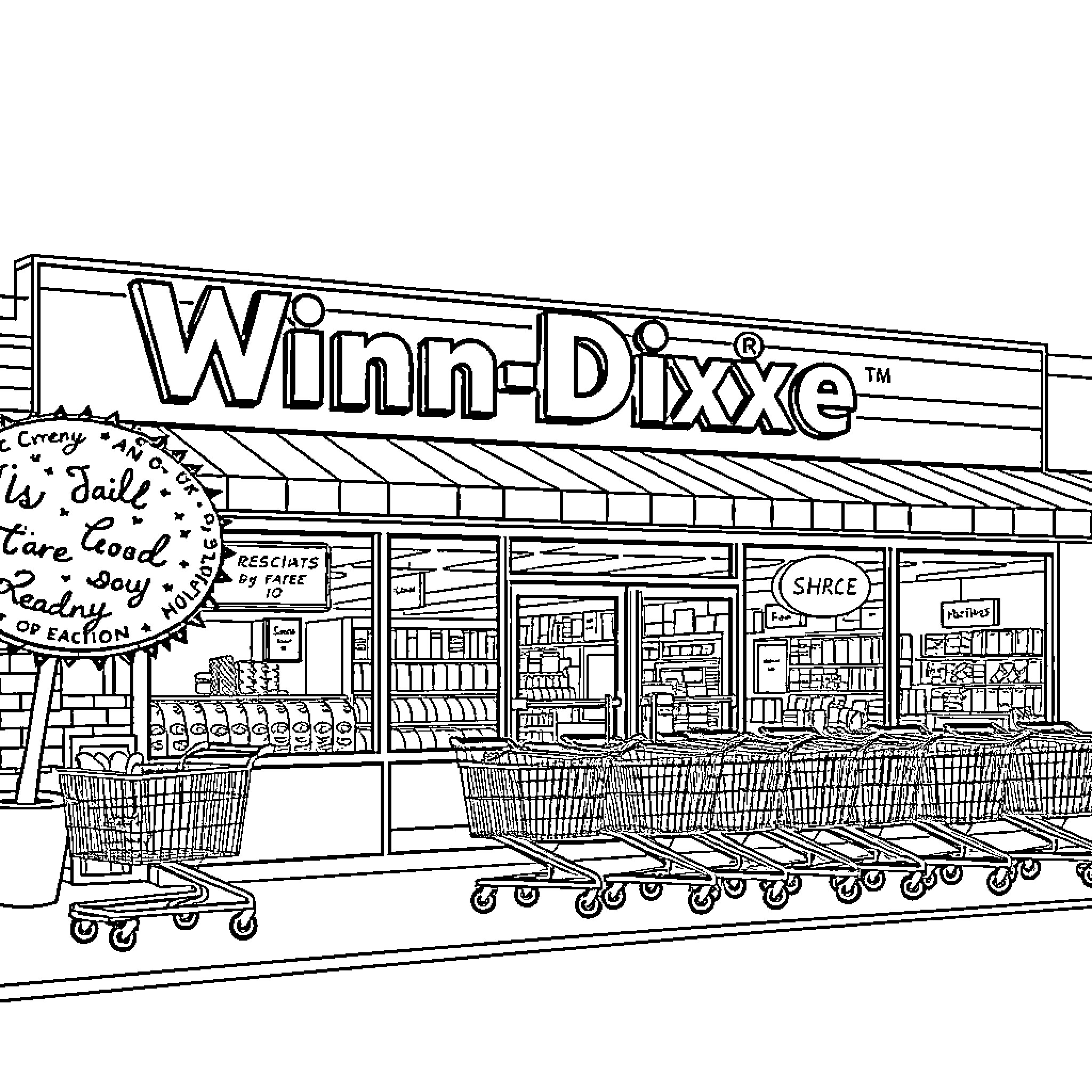 Winn Dixie supermarket with shopping carts and signage Coloring Page (free black-and-white line drawing printable PDF for all, from beginners to advanced learners, including children, teens, adults, and seniors)
