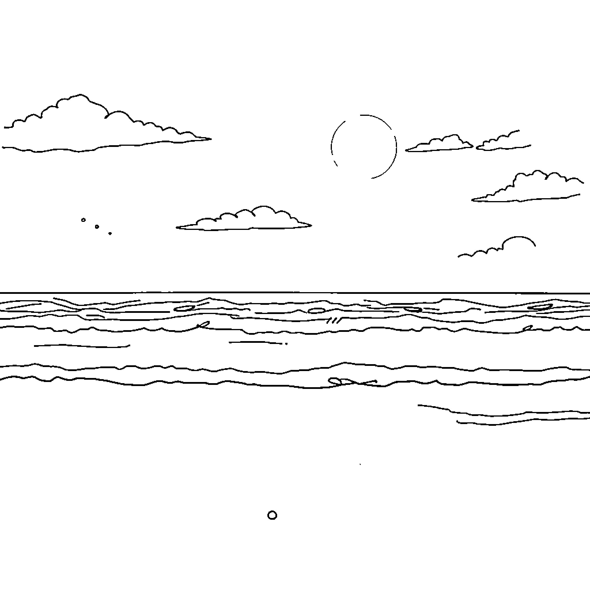 Beach scene with cloudy sky and waves Coloring Page (free black-and-white line drawing printable PDF for all, from beginners to advanced learners, including children, teens, adults, and seniors)