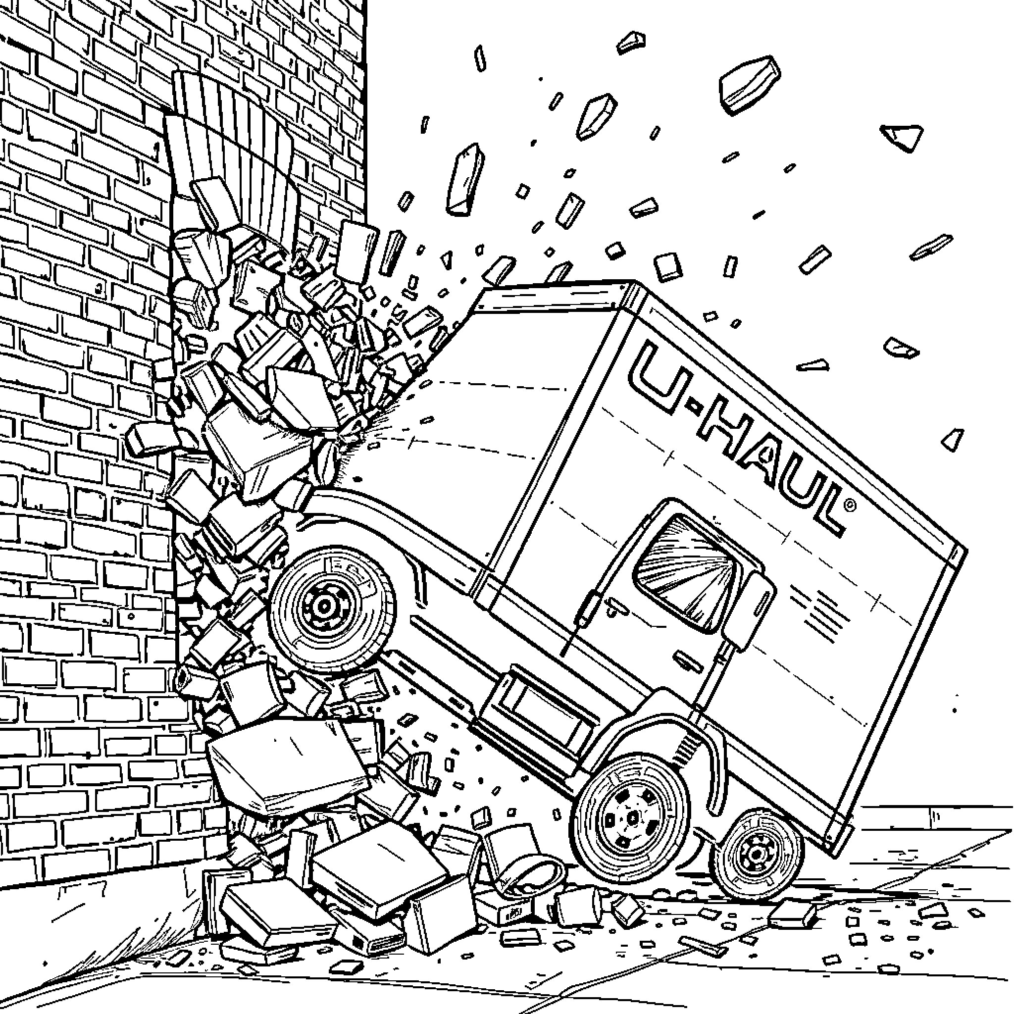 U-Haul truck crashing through brick wall Coloring Page (free black-and-white line drawing printable PDF for all, from beginners to advanced learners, including children, teens, adults, and seniors)