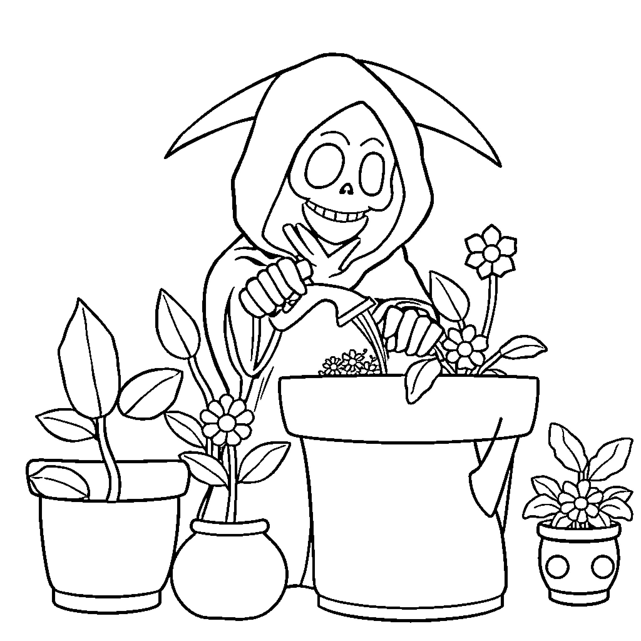 Grim Reaper tending to flowerpots with a friendly expression Coloring Page (free black-and-white line drawing printable PDF for all, from beginners to advanced learners, including children, teens, adults, and seniors)