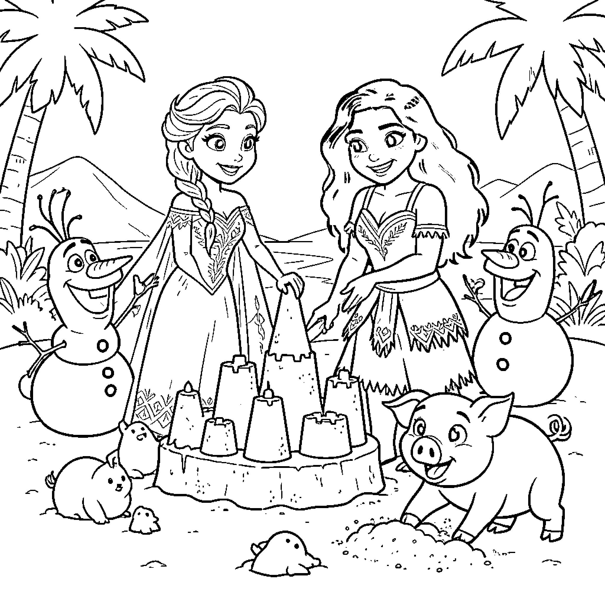 Elsa and her friend building sandcastles at the beach Coloring Page (free black-and-white line drawing printable PDF for all, from beginners to advanced learners, including children, teens, adults, and seniors)