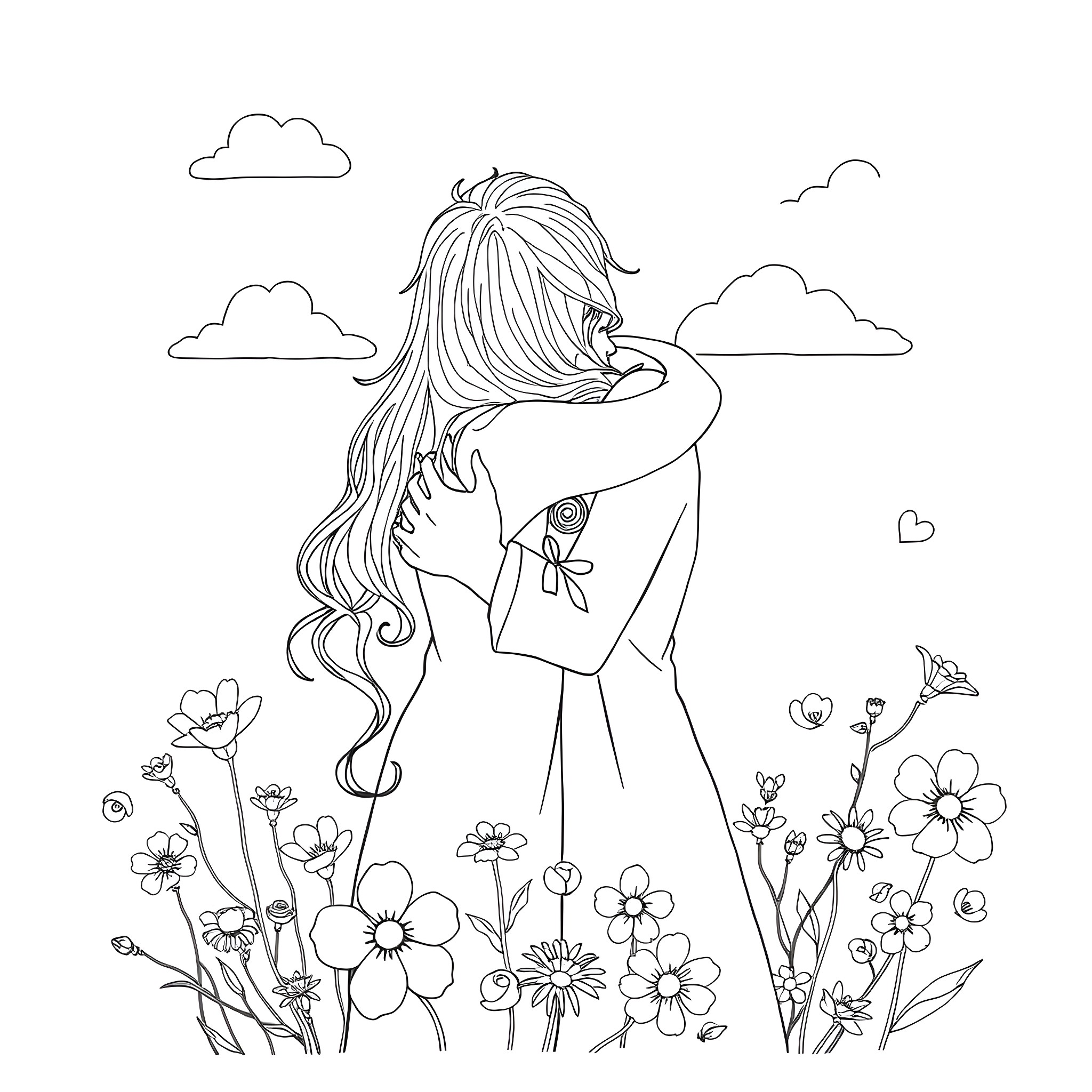 Love embracing in the flower field Coloring Page (free black-and-white line drawing printable PDF for all, from beginners to advanced learners, including children, teens, adults, and seniors)