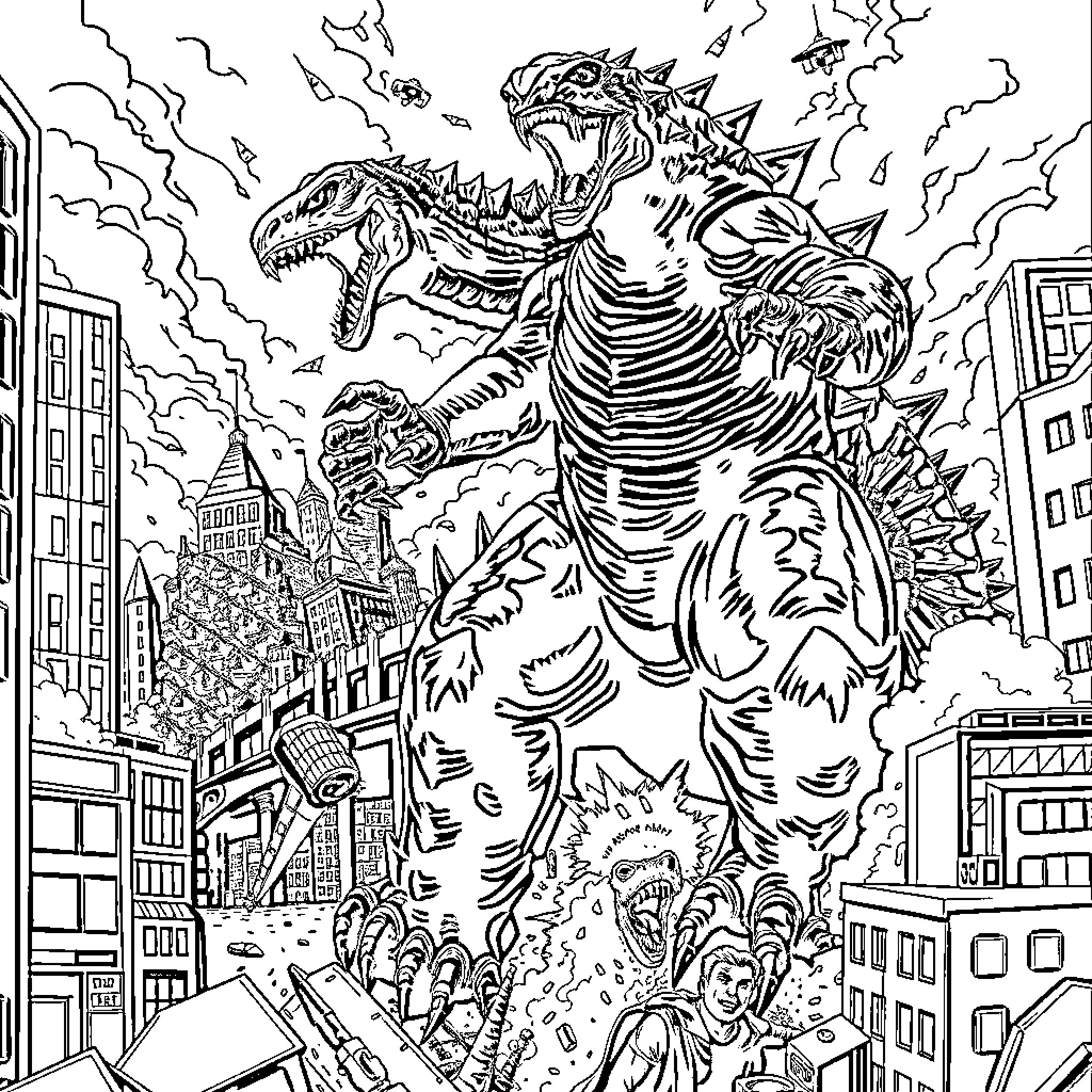 Kaiju Rampage: Monstrous Titans Unleash Chaos in the City Coloring Page (free black-and-white line drawing printable PDF for all, from beginners to advanced learners, including children, teens, adults, and seniors)