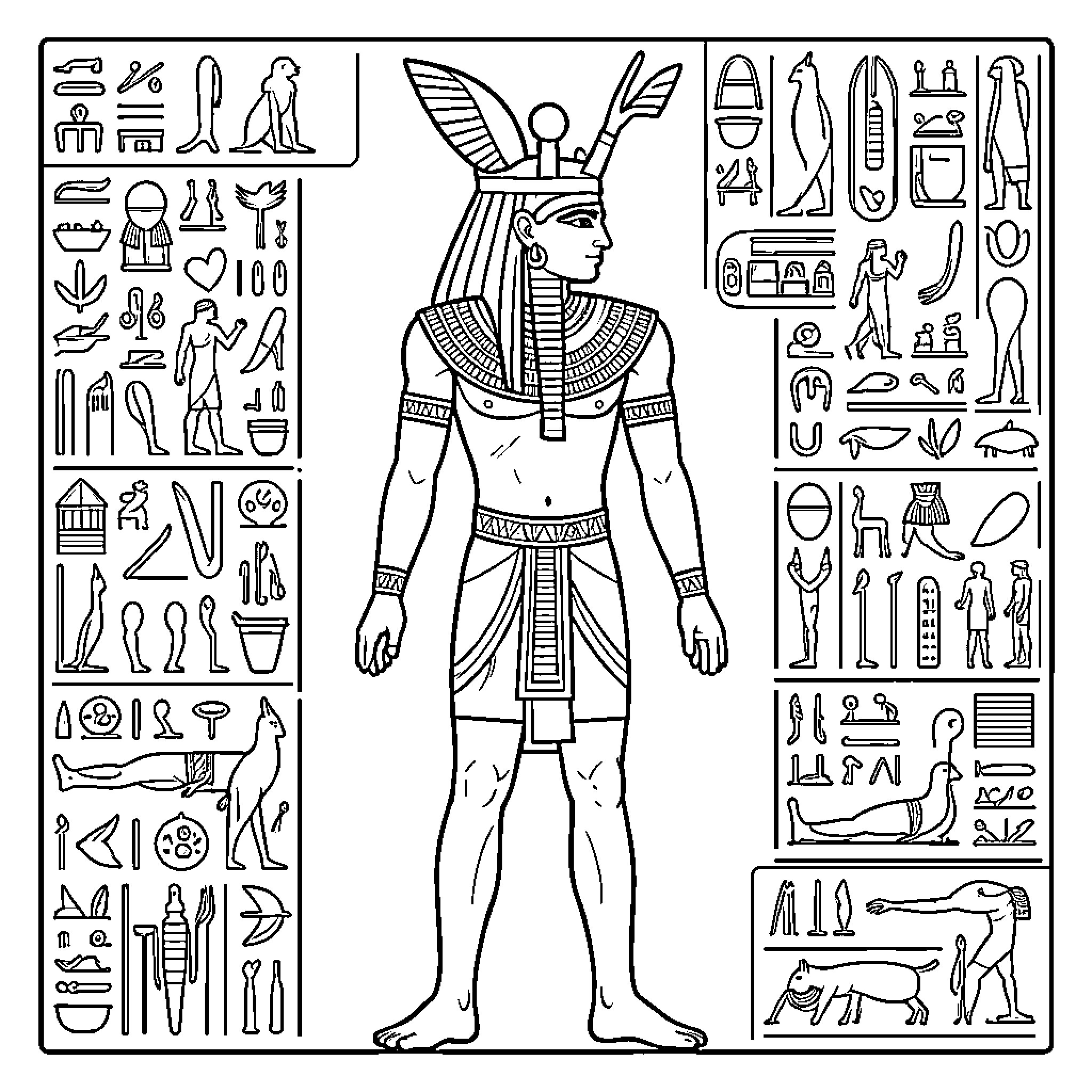 Osiris standing regally surrounded by ancient Egyptian hieroglyphs Coloring Page (free black-and-white line drawing printable PDF for all, from beginners to advanced learners, including children, teens, adults, and seniors)