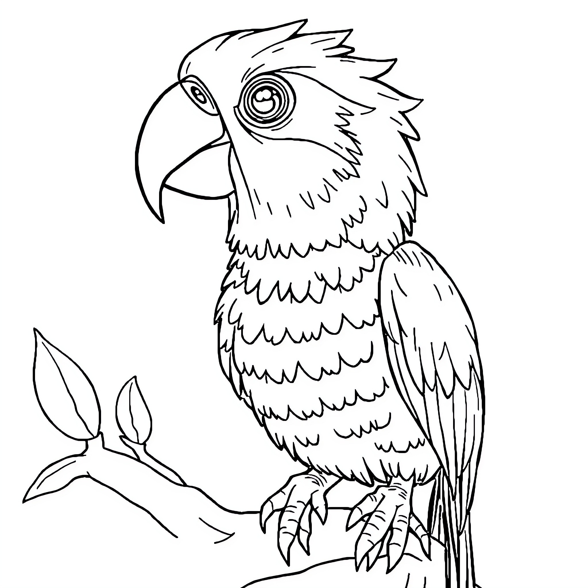 Animal parrot perched on a branch Coloring Page (free black-and-white line drawing printable PDF for all, from beginners to advanced learners, including children, teens, adults, and seniors)
