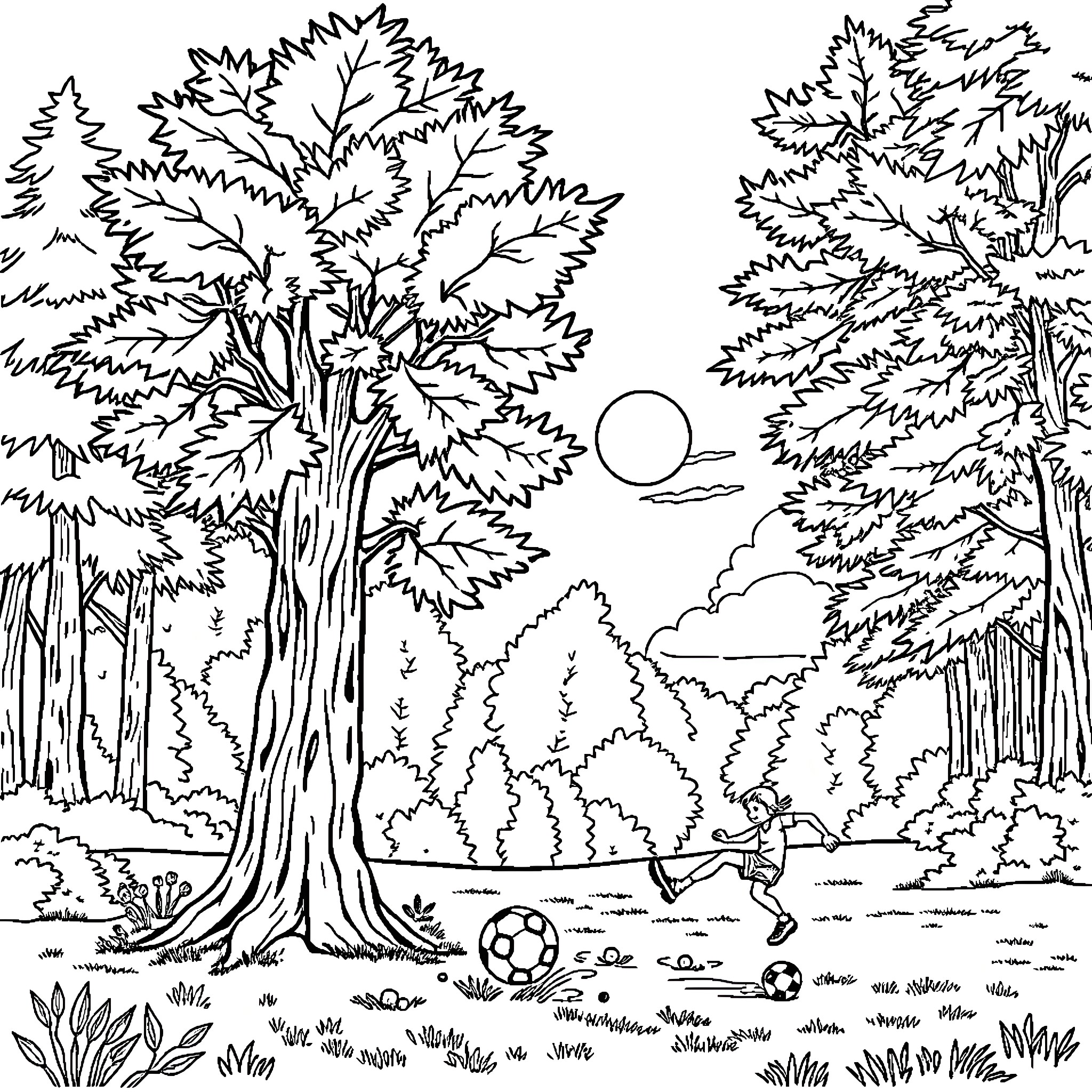 Maple Tree Landscape with Soccer Player Coloring Page (free black-and-white line drawing printable PDF for all, from beginners to advanced learners, including children, teens, adults, and seniors)