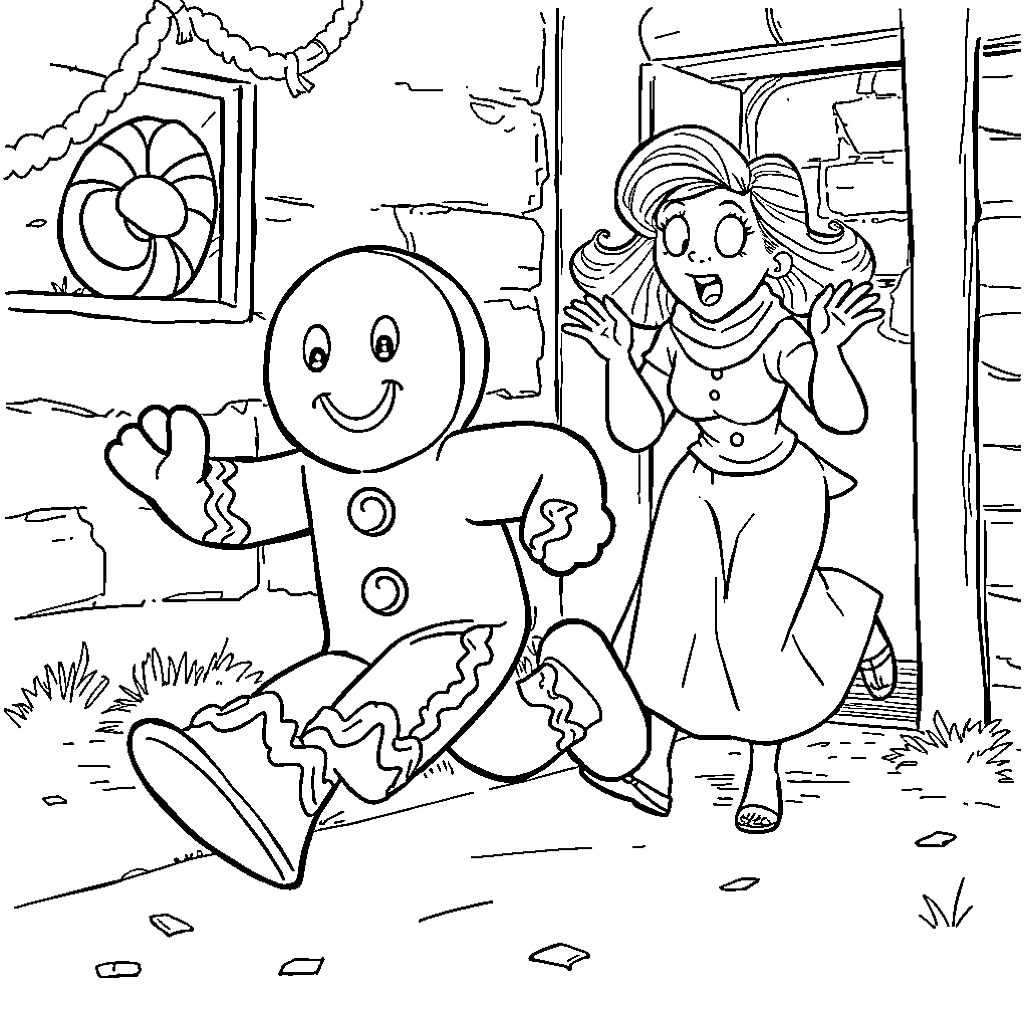 Gingerbread Man happily dancing with a woman Coloring Page (free black-and-white line drawing printable PDF for all, from beginners to advanced learners, including children, teens, adults, and seniors)