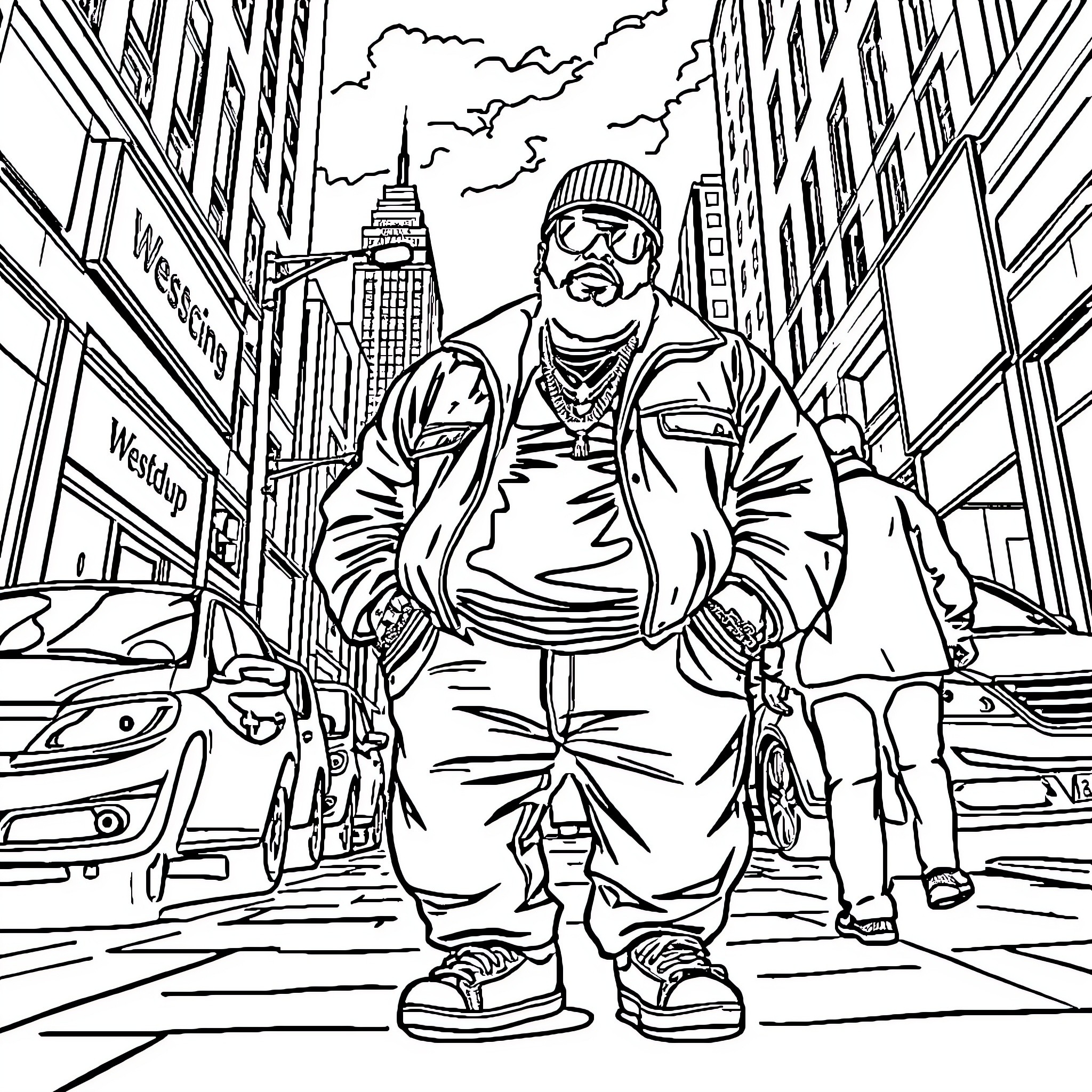 Westside Gunn walking in the city streets Coloring Page (free black-and-white line drawing printable PDF for all, from beginners to advanced learners, including children, teens, adults, and seniors)