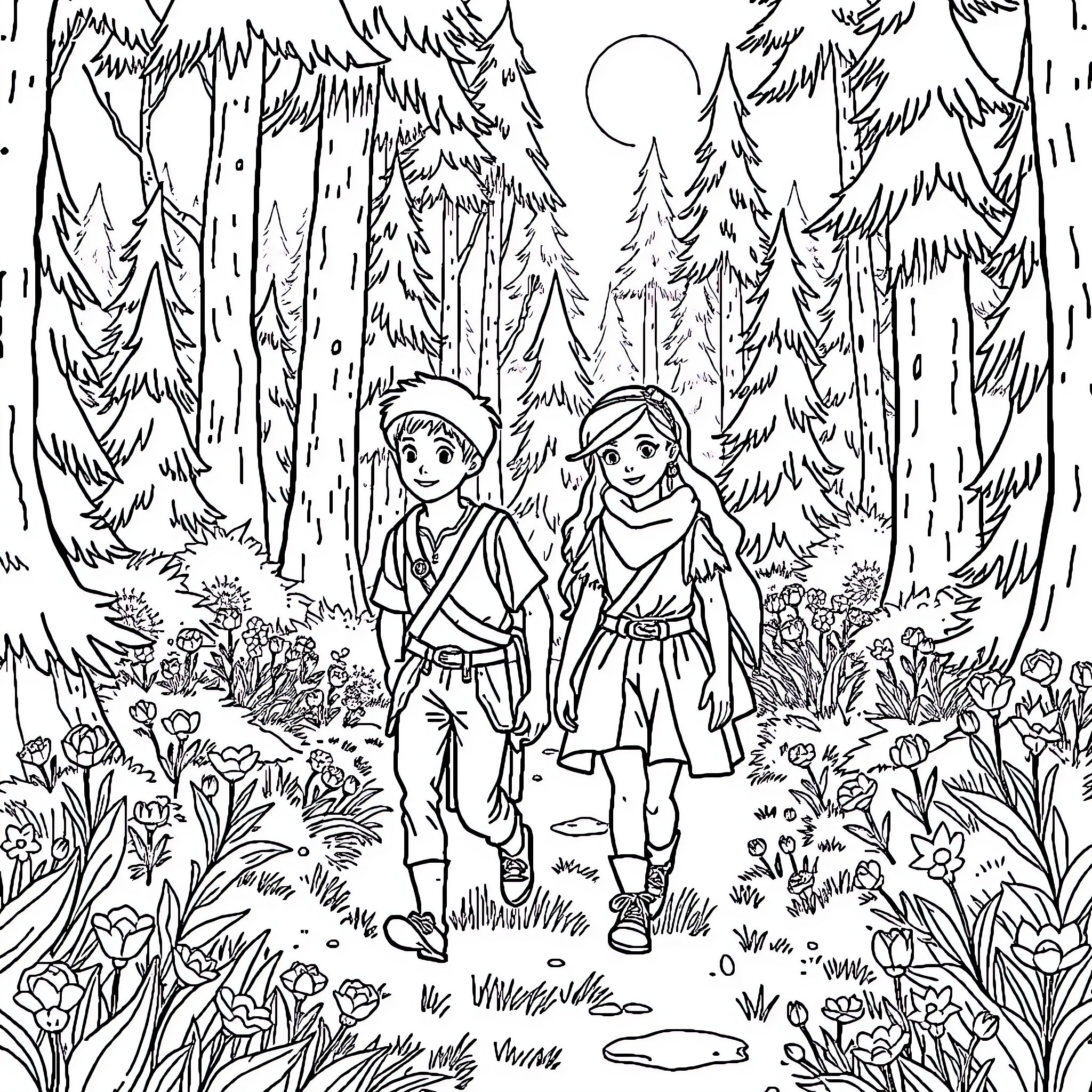 Peasant children exploring the forest Coloring Page (free black-and-white line drawing printable PDF for all, from beginners to advanced learners, including children, teens, adults, and seniors)