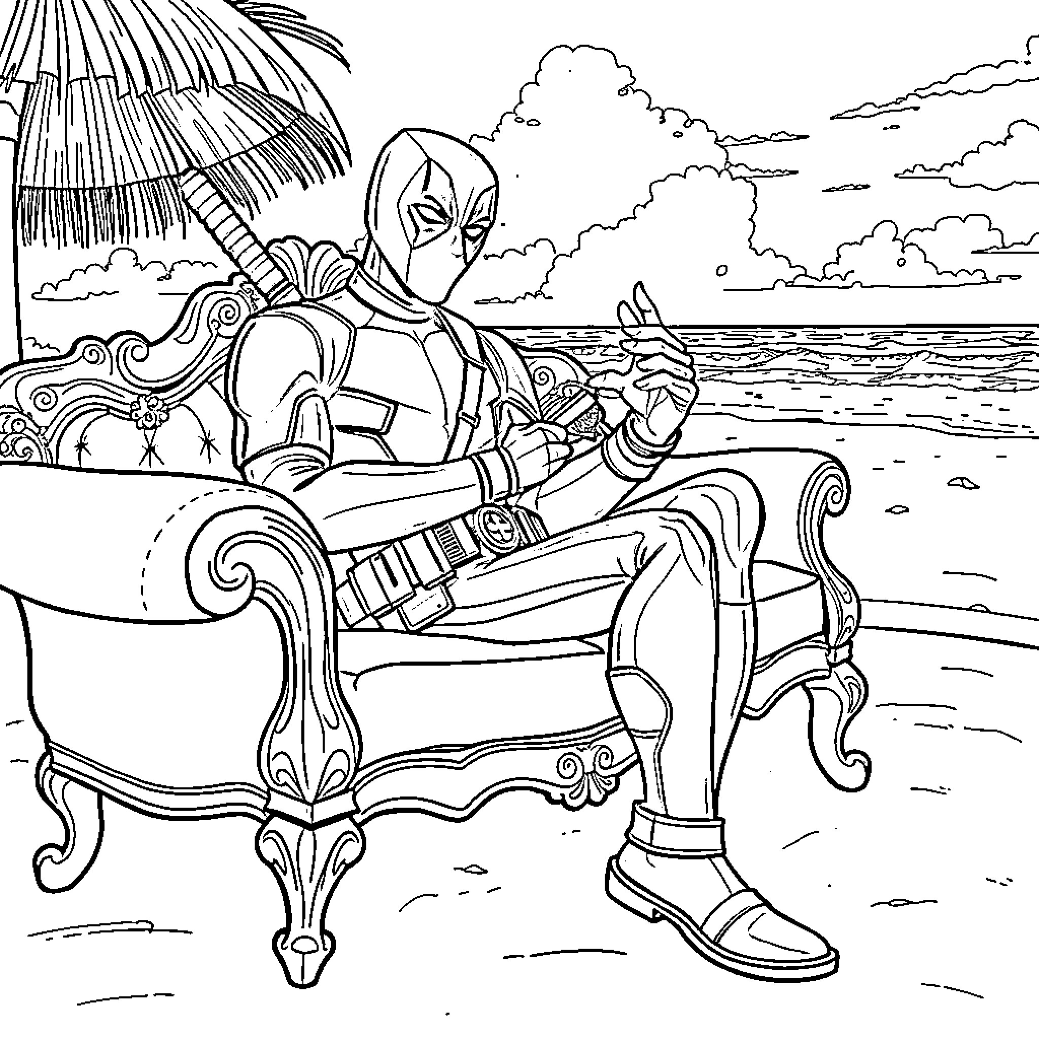 Deadpool in a tropical beach scene Coloring Page (free black-and-white line drawing printable PDF for all, from beginners to advanced learners, including children, teens, adults, and seniors)
