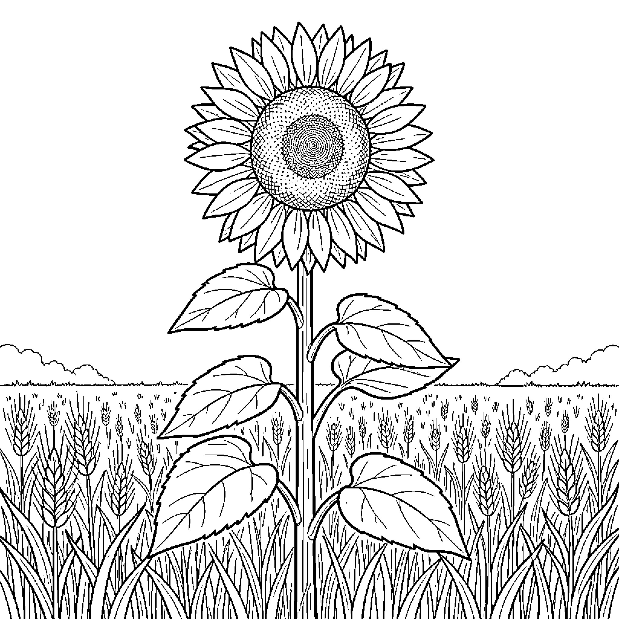 Sunflower standing tall in a vast grain field Coloring Page (free black-and-white line drawing printable PDF for all, from beginners to advanced learners, including children, teens, adults, and seniors)