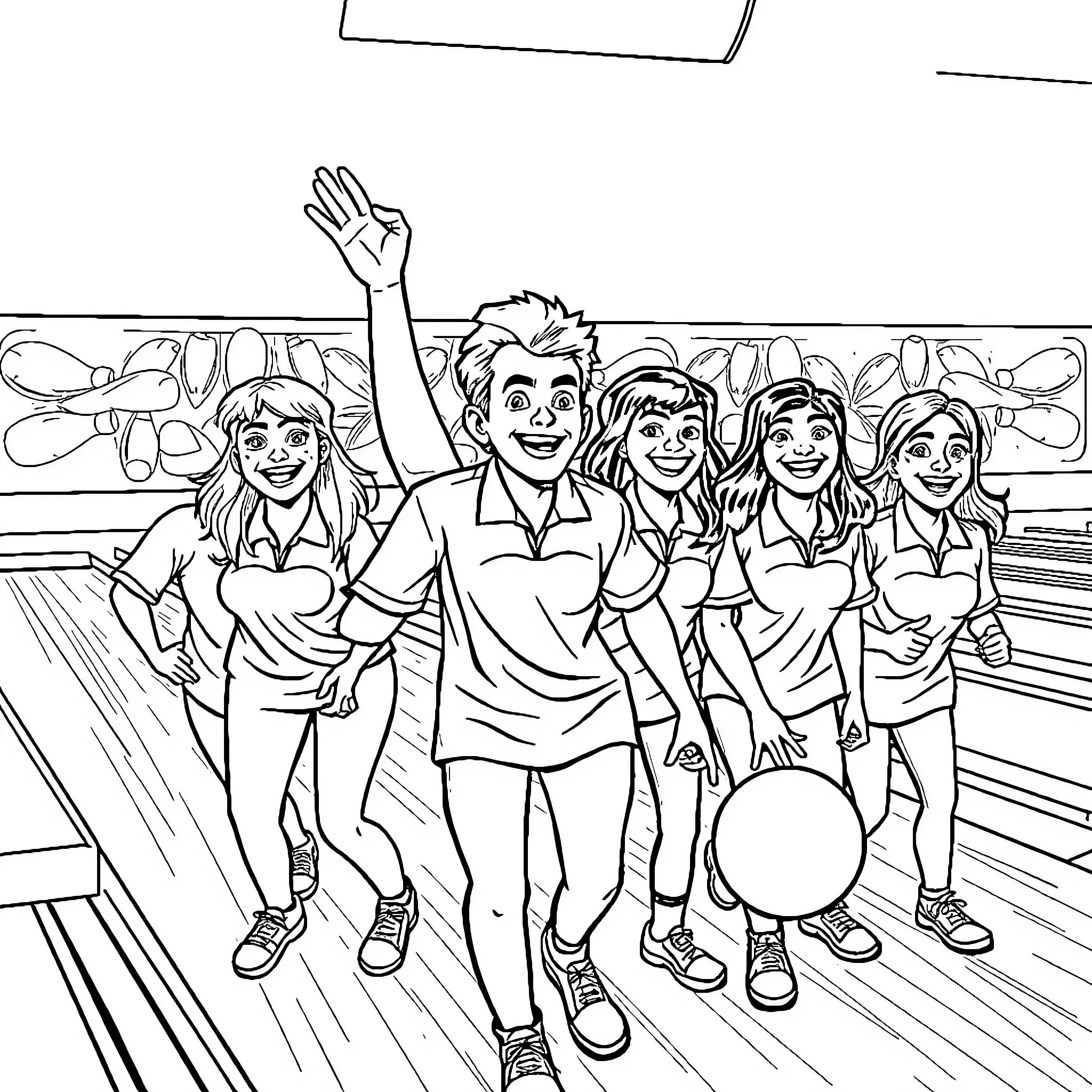 Bowling team having fun together Coloring Page (free black-and-white line drawing printable PDF for all, from beginners to advanced learners, including children, teens, adults, and seniors)