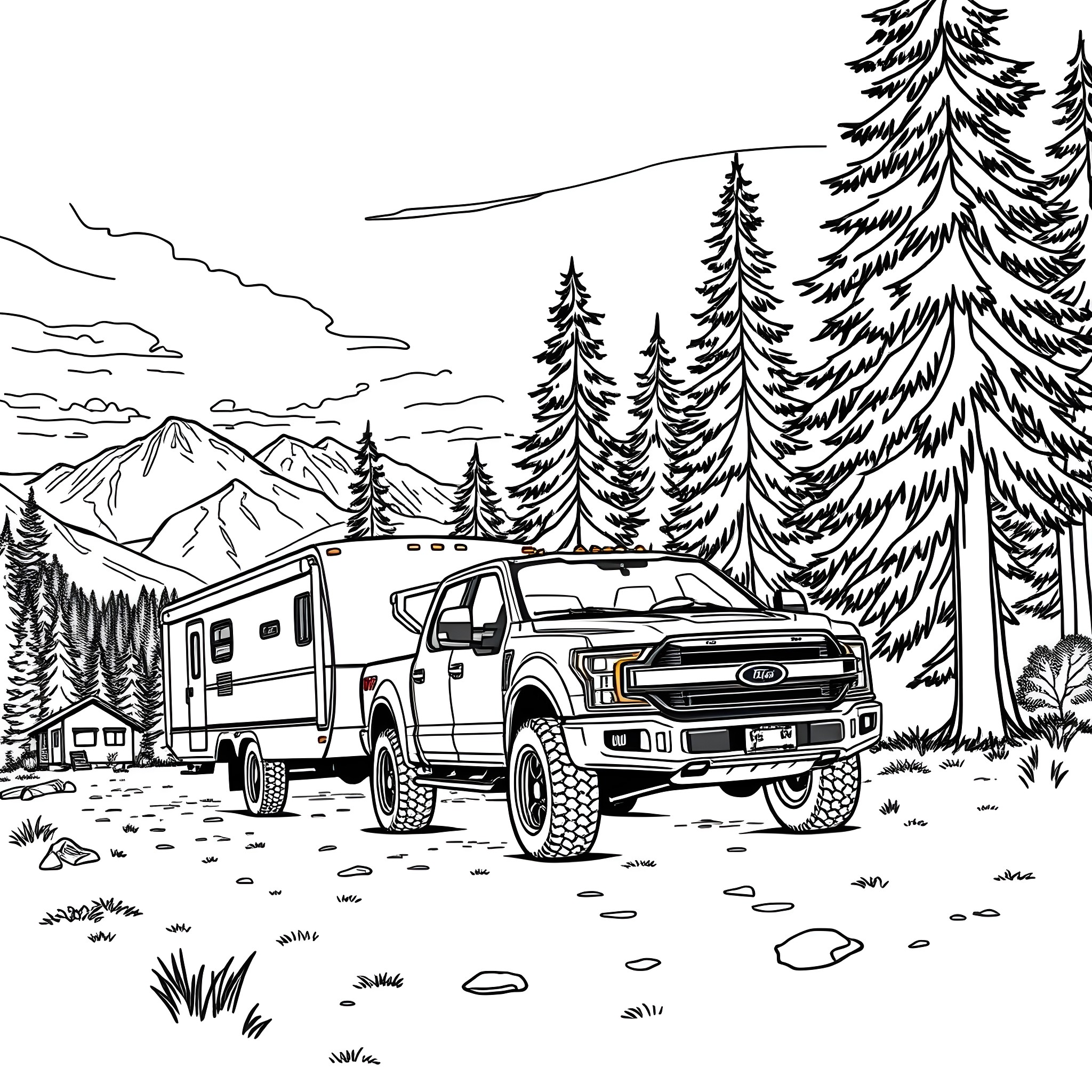 Pickup truck towing camper trailer in forest landscape Coloring Page (free black-and-white line drawing printable PDF for all, from beginners to advanced learners, including children, teens, adults, and seniors)