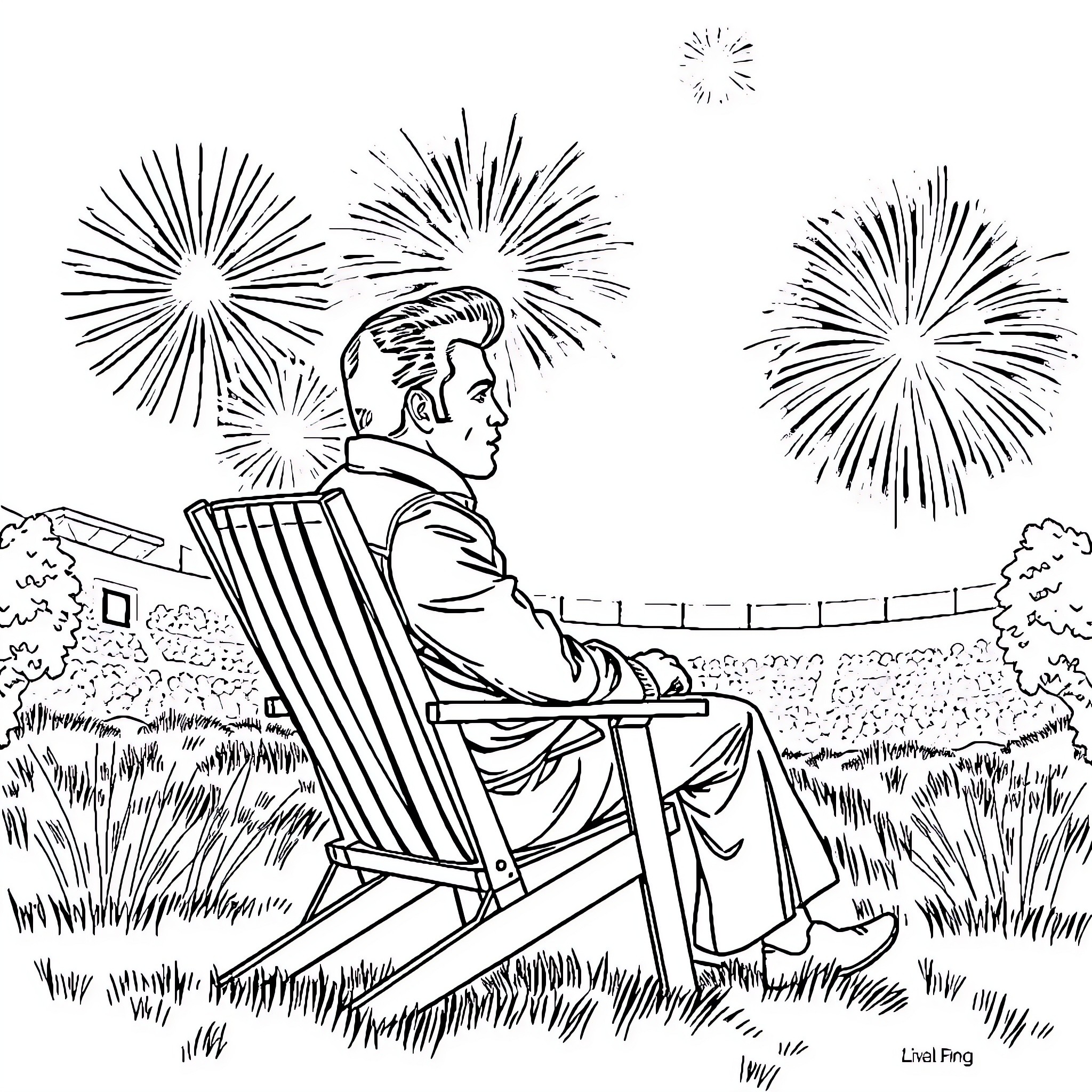 Elvis enjoying fireworks display in the countryside Coloring Page (free black-and-white line drawing printable PDF for all, from beginners to advanced learners, including children, teens, adults, and seniors)