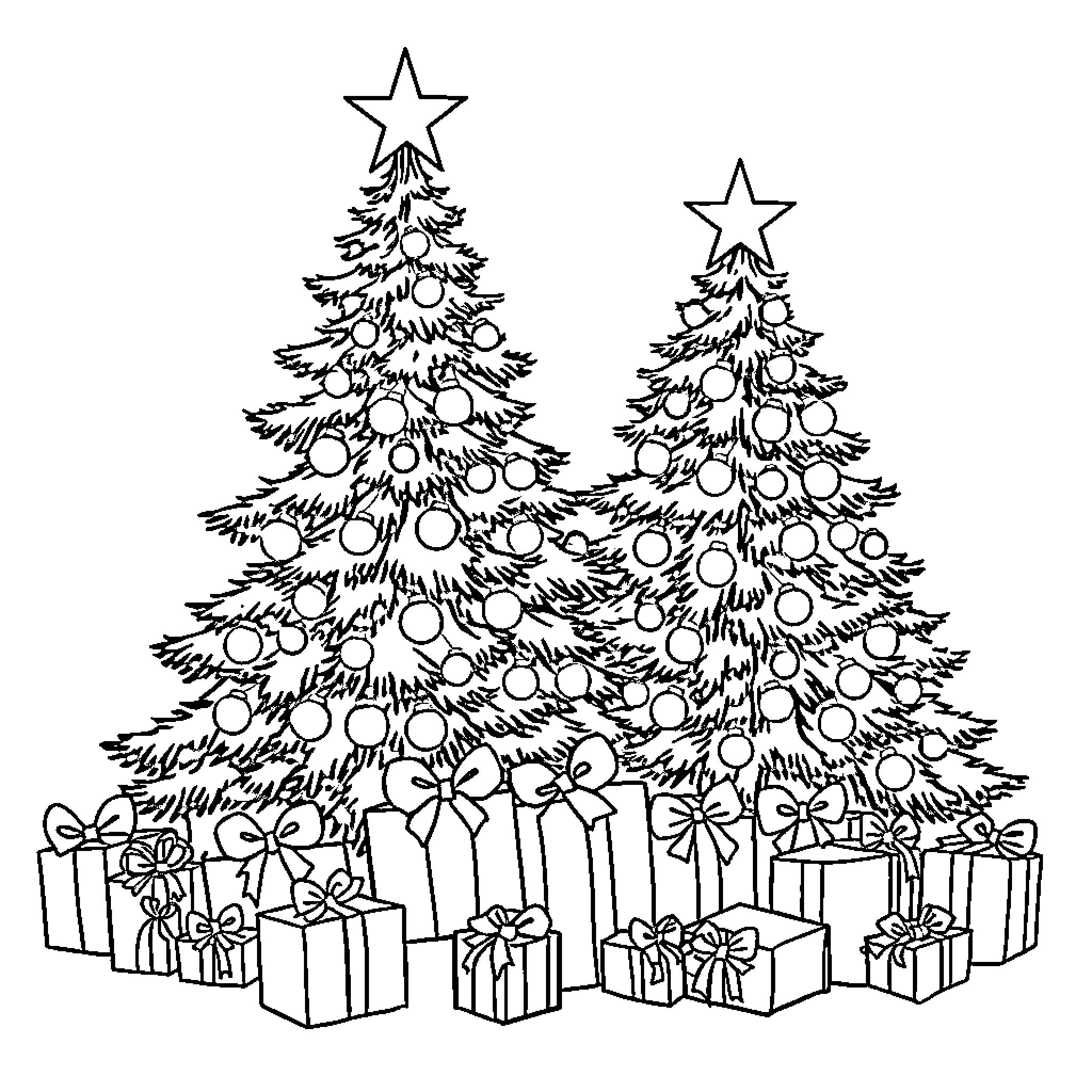 Christmas trees with festive ornaments and gifts Coloring Page (free black-and-white line drawing printable PDF for all, from beginners to advanced learners, including children, teens, adults, and seniors)
