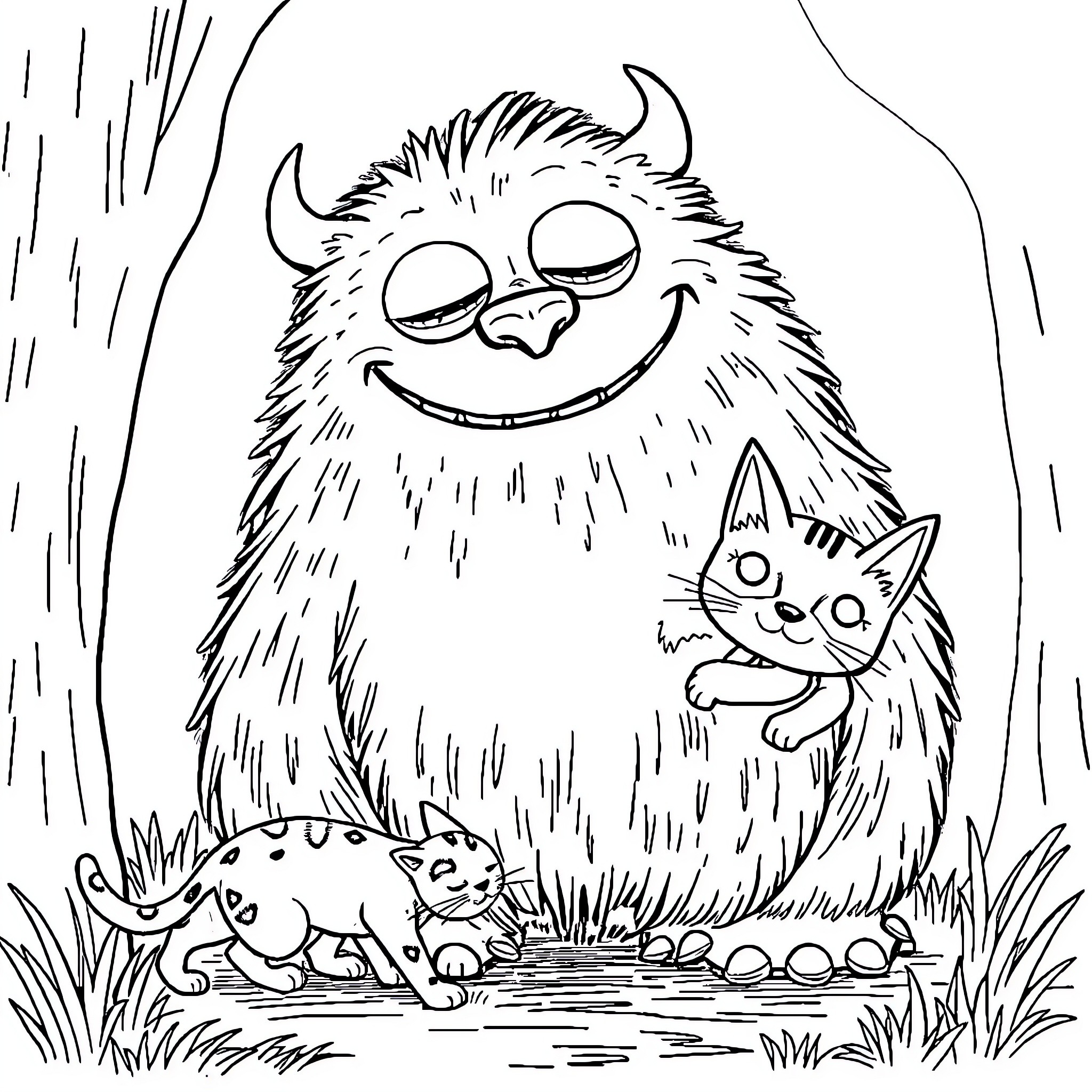 Cat monster and curious kittens in the wild Coloring Page (free black-and-white line drawing printable PDF for all, from beginners to advanced learners, including children, teens, adults, and seniors)