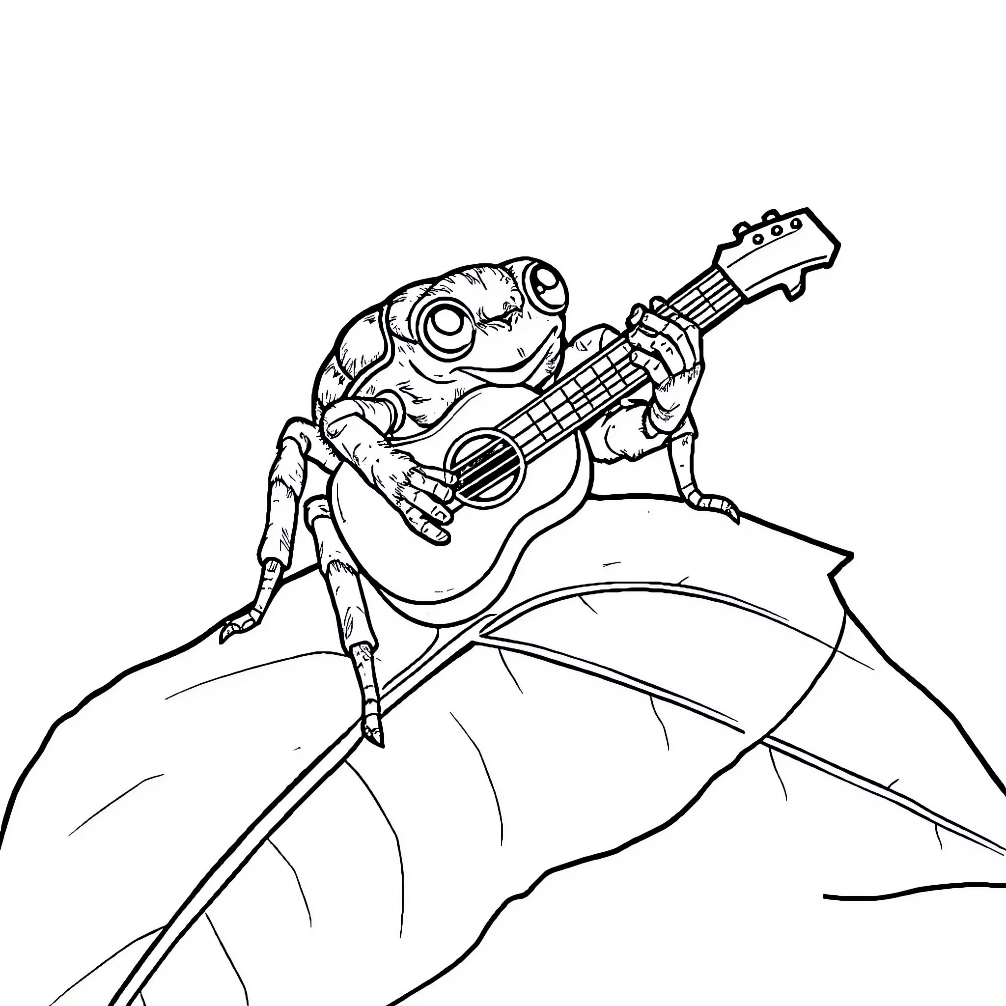 Spider playing guitar on leaf Coloring Page (free black-and-white line drawing printable PDF for all, from beginners to advanced learners, including children, teens, adults, and seniors)