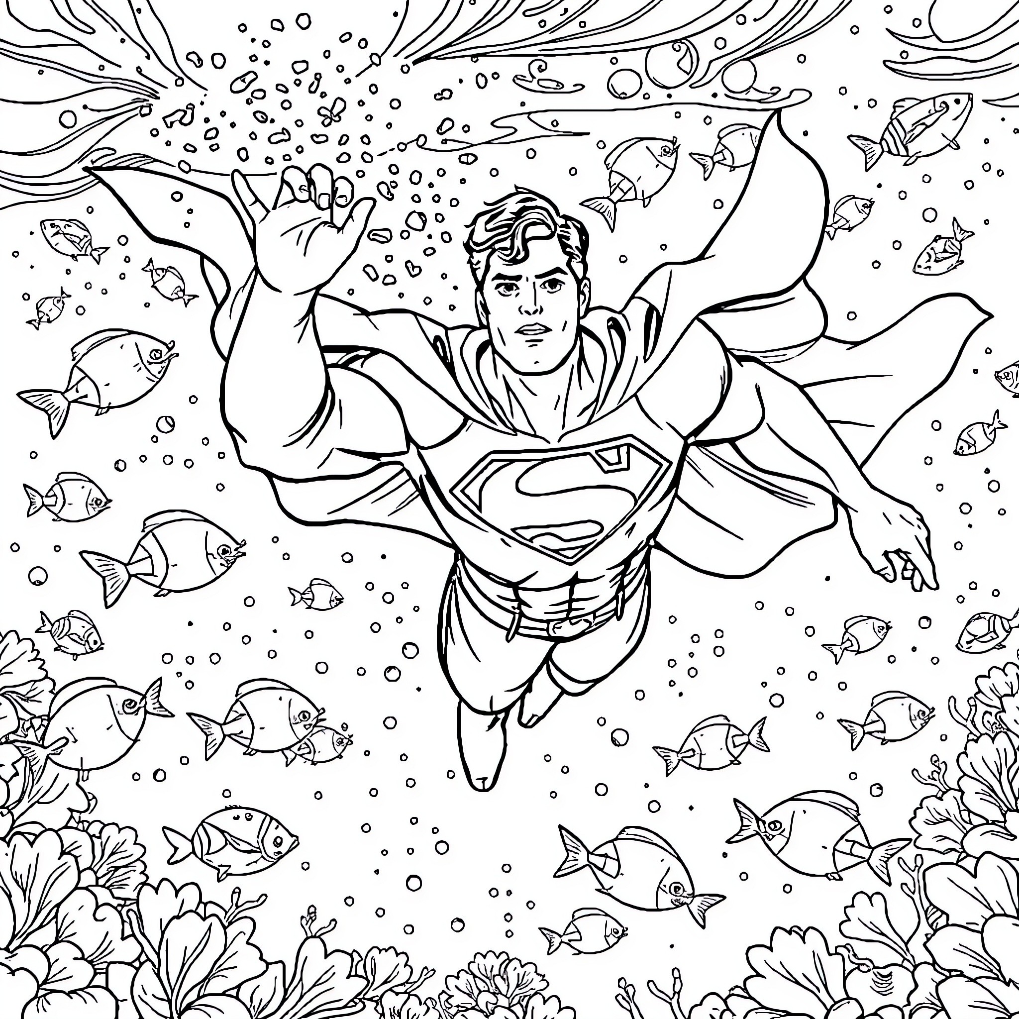 Superman Soaring Through Underwater Ocean Scene Coloring Page (free black-and-white line drawing printable PDF for all, from beginners to advanced learners, including children, teens, adults, and seniors)