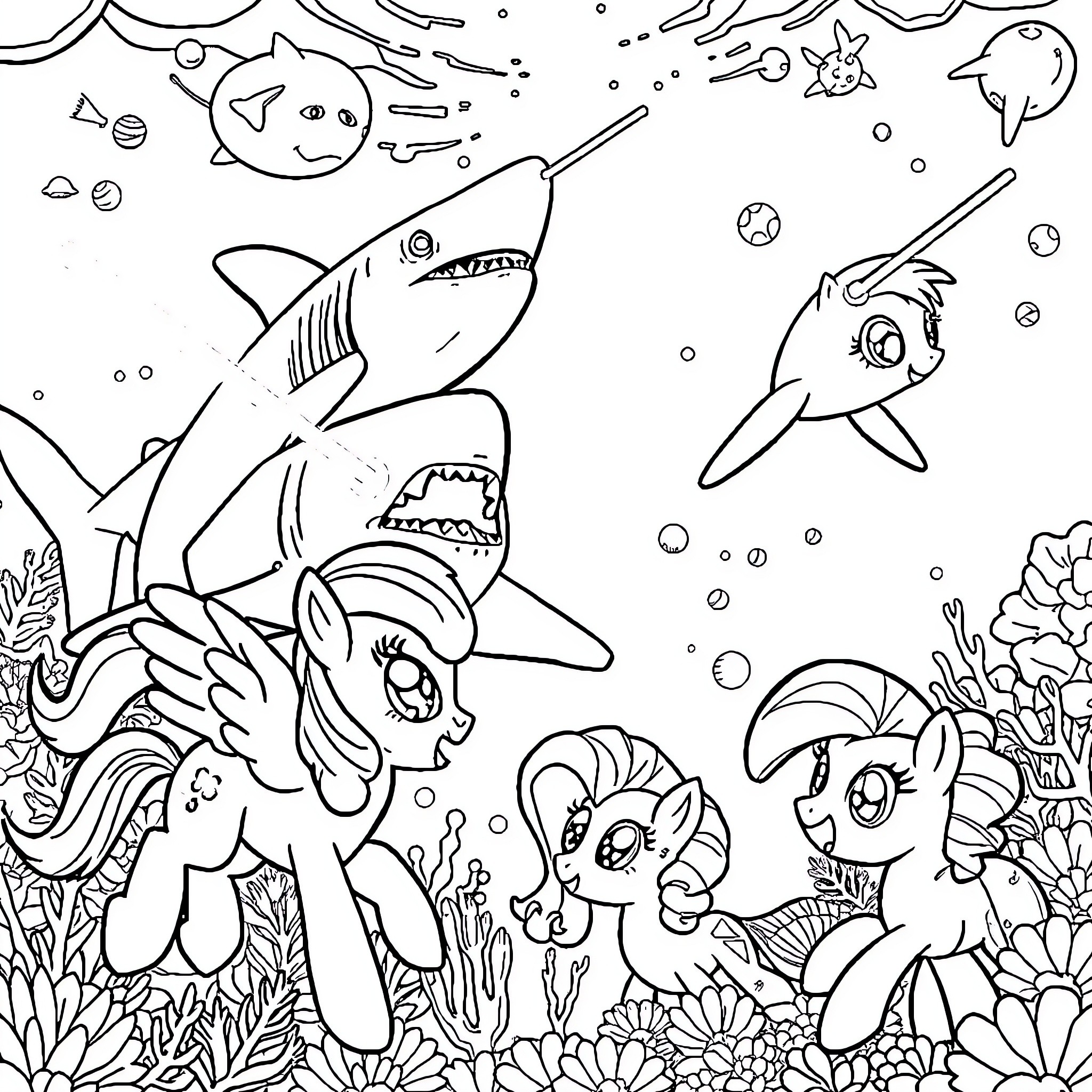 Shark cartoon characters exploring underwater world Coloring Page (free black-and-white line drawing printable PDF for all, from beginners to advanced learners, including children, teens, adults, and seniors)