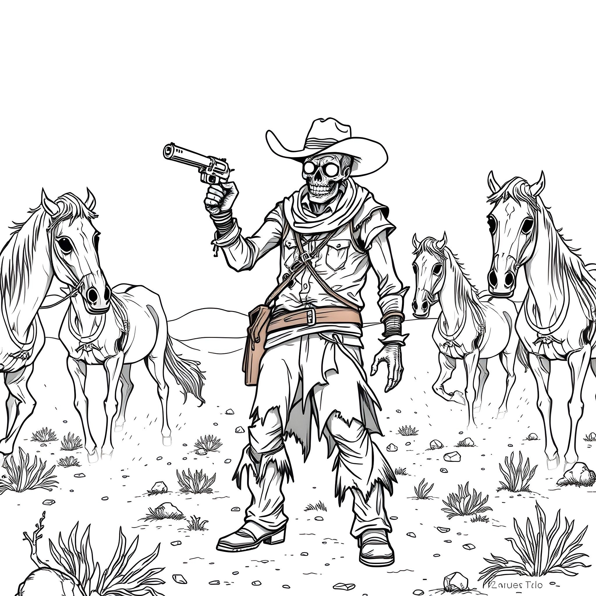 Zombie Cowboy Holding a Gun Surrounded by Horses Coloring Page (free black-and-white line drawing printable PDF for all, from beginners to advanced learners, including children, teens, adults, and seniors)