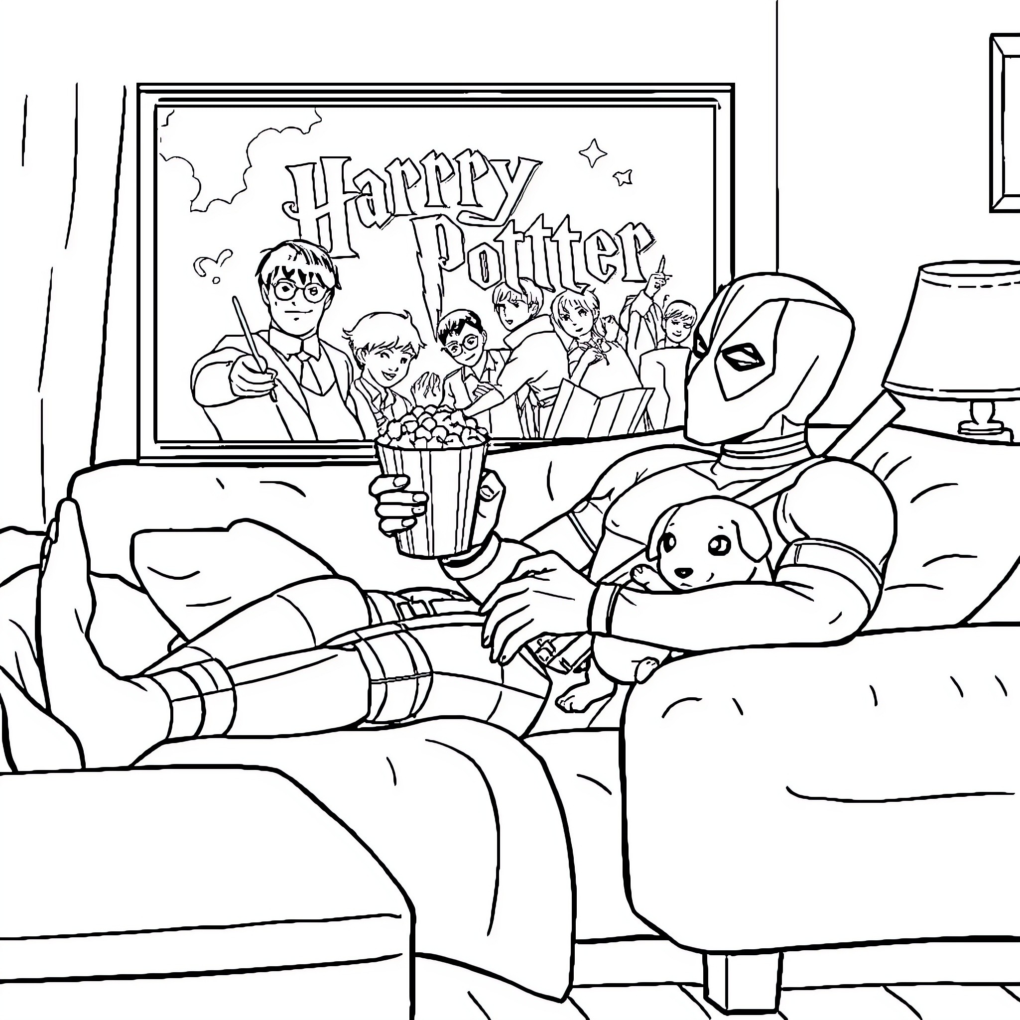 Deadpool celebrates Happy Potter day with friends Coloring Page (free black-and-white line drawing printable PDF for all, from beginners to advanced learners, including children, teens, adults, and seniors)