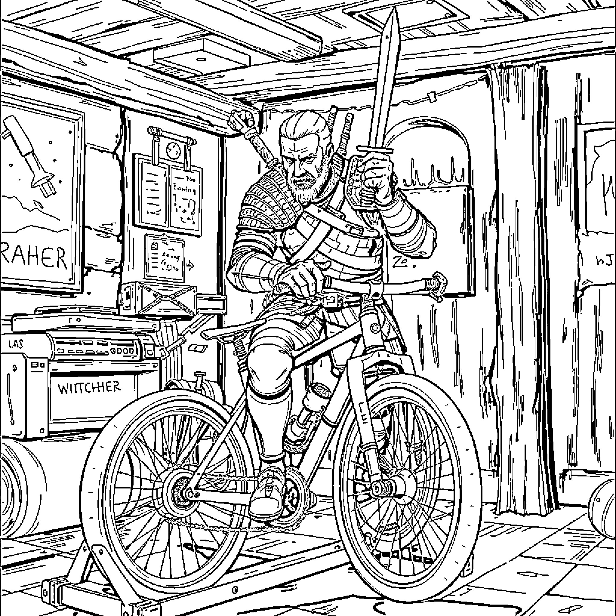 Witcher on a Bicycle in a Garage Workshop Coloring Page (free black-and-white line drawing printable PDF for all, from beginners to advanced learners, including children, teens, adults, and seniors)