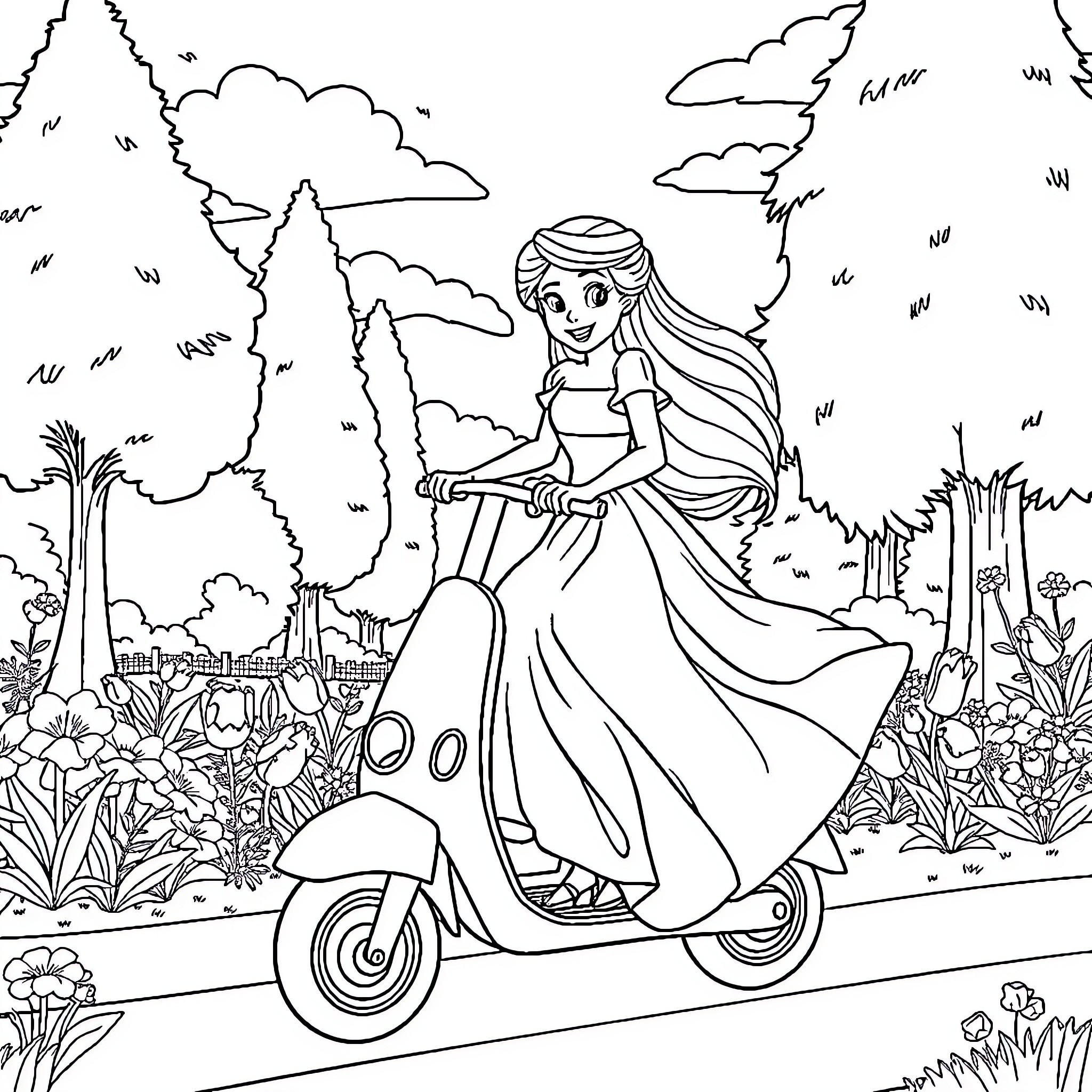 Princess Riding a Scooter Through a Scenic Landscape Coloring Page (free black-and-white line drawing printable PDF for all, from beginners to advanced learners, including children, teens, adults, and seniors)