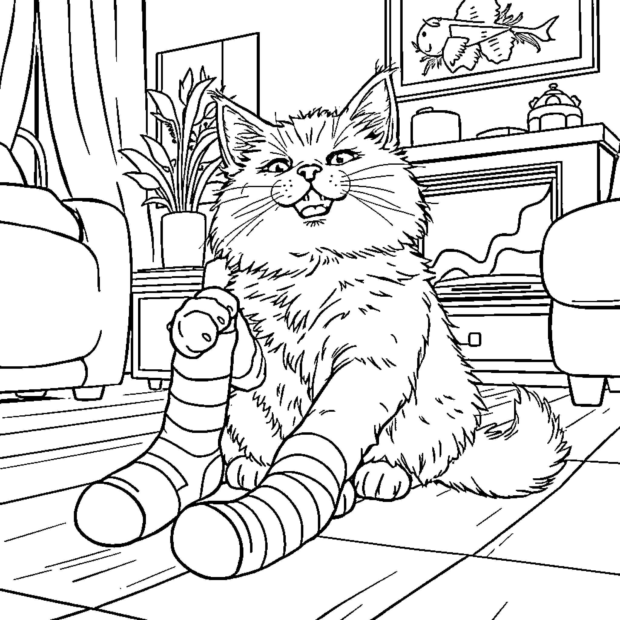 Cat relaxing on a cozy indoor scene Coloring Page (free black-and-white line drawing printable PDF for all, from beginners to advanced learners, including children, teens, adults, and seniors)