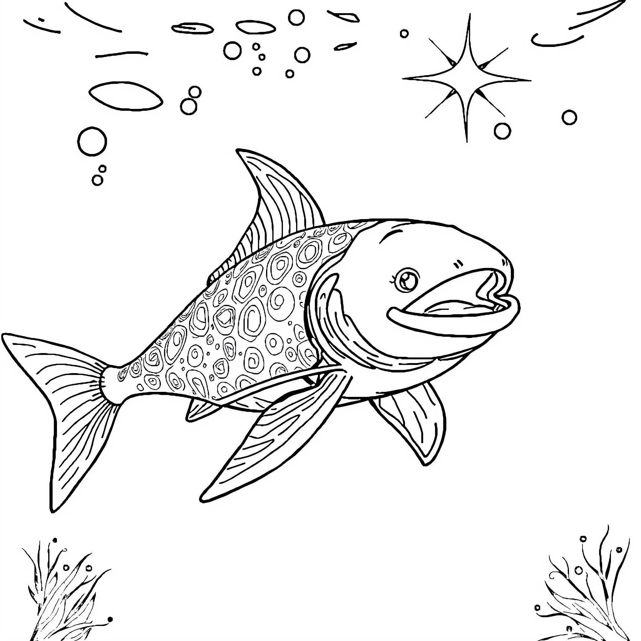 Submarine fish swimming in the deep sea Coloring Page (free black-and-white line drawing printable PDF for all, from beginners to advanced learners, including children, teens, adults, and seniors)