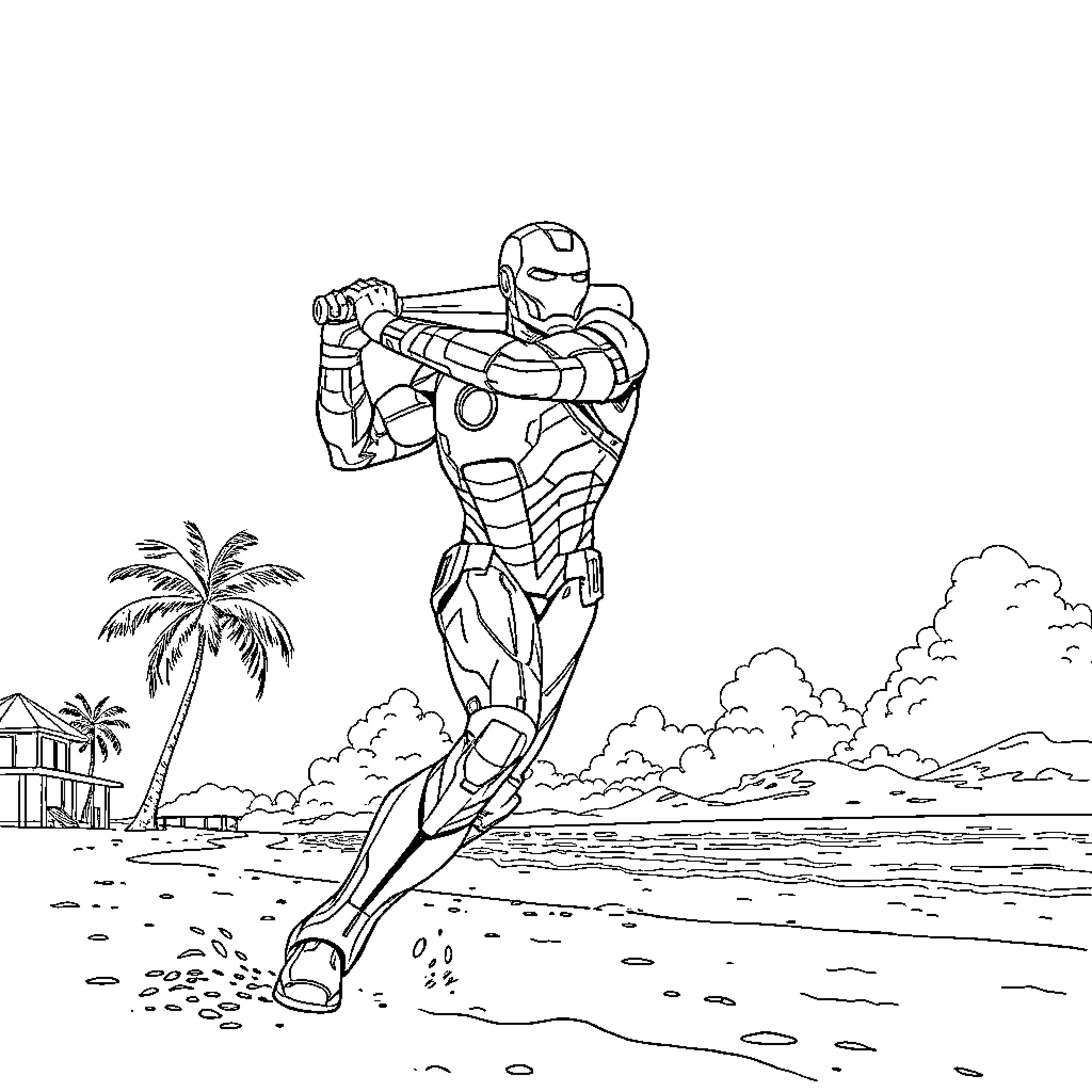 Ironman flying over tropical beach with palm trees Coloring Page (free black-and-white line drawing printable PDF for all, from beginners to advanced learners, including children, teens, adults, and seniors)