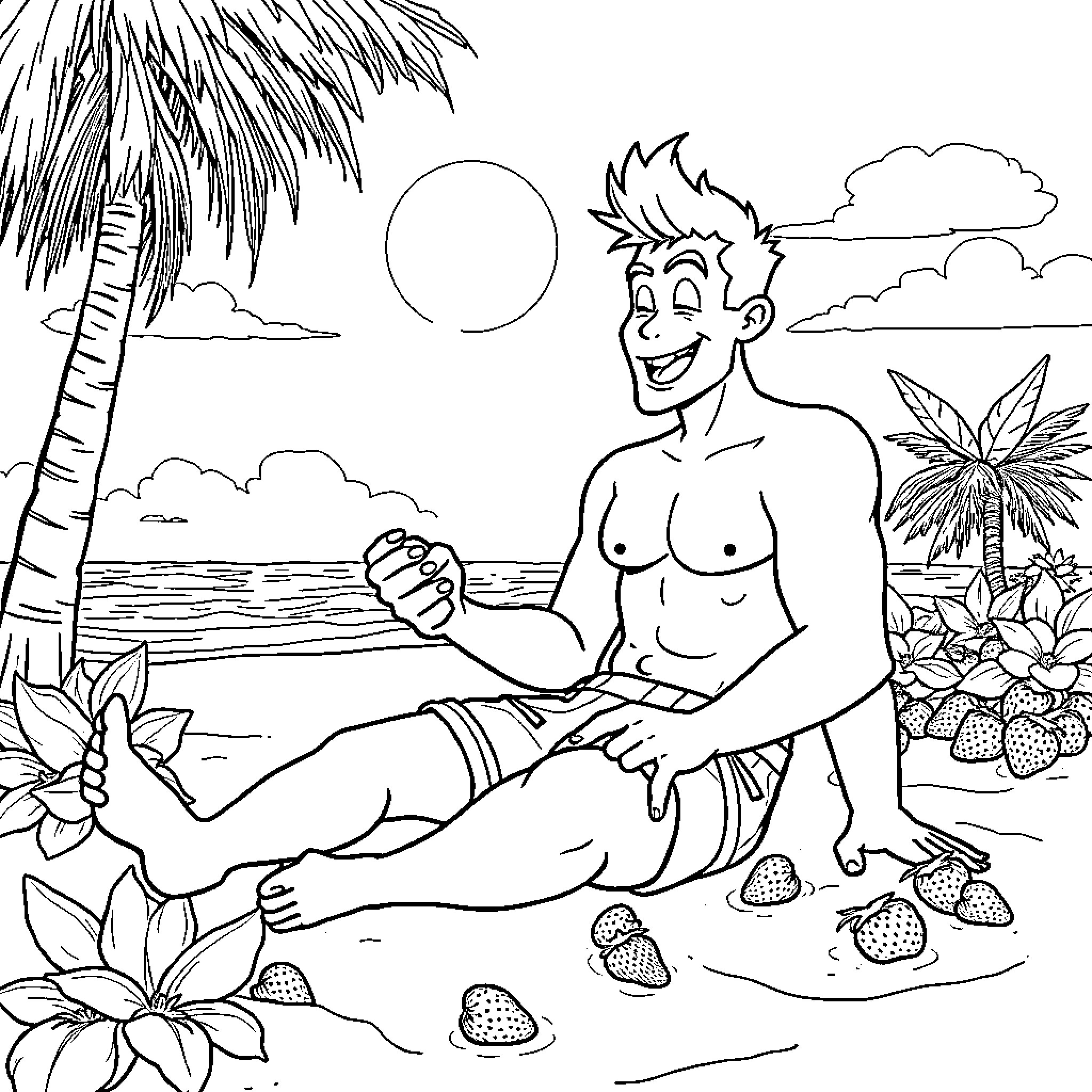 Sylus relaxing on the tropical beach Coloring Page (free black-and-white line drawing printable PDF for all, from beginners to advanced learners, including children, teens, adults, and seniors)