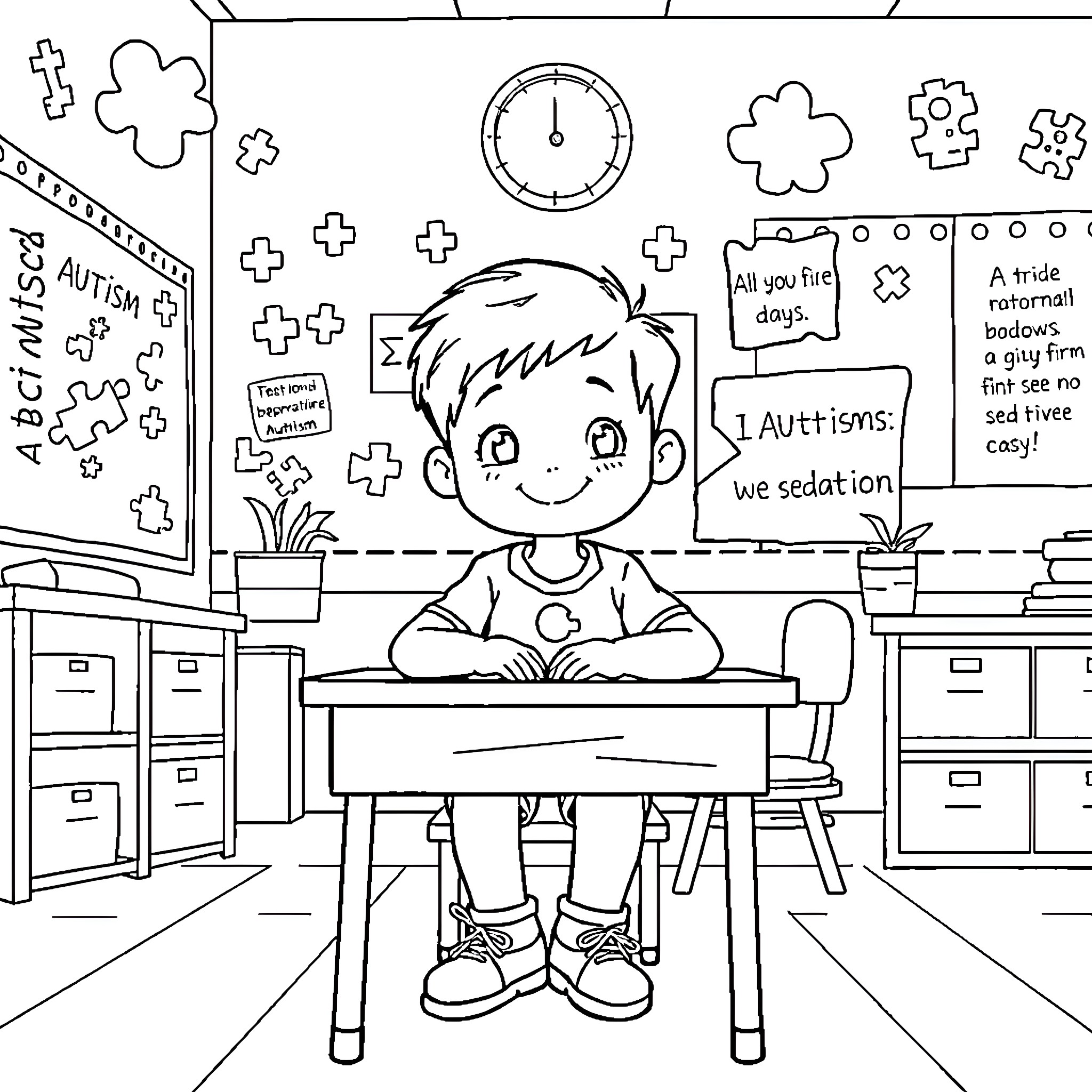 Kid learning in classroom with autism-friendly decor Coloring Page (free black-and-white line drawing printable PDF for all, from beginners to advanced learners, including children, teens, adults, and seniors)