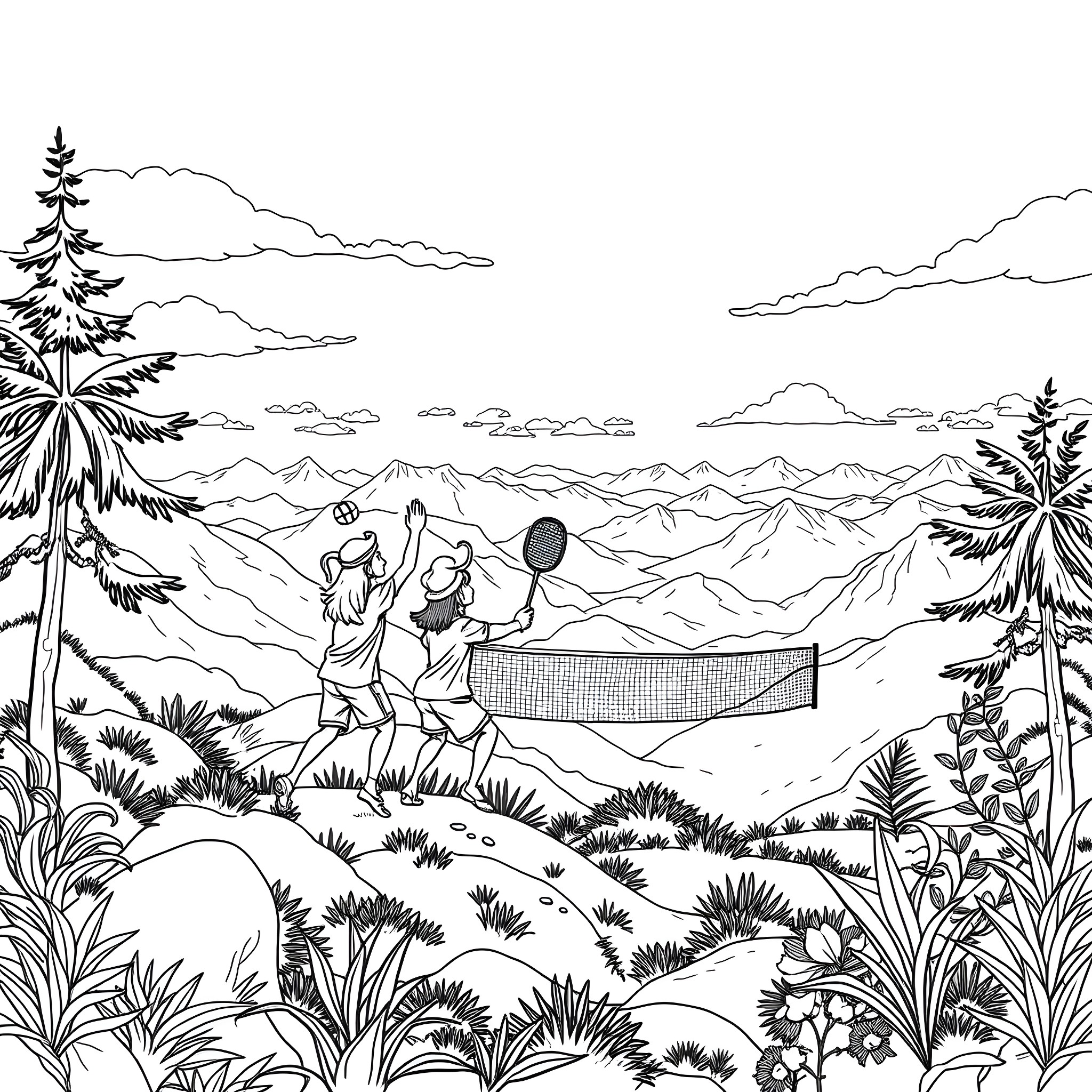 Badminton game in scenic mountain landscape Coloring Page (free black-and-white line drawing printable PDF for all, from beginners to advanced learners, including children, teens, adults, and seniors)