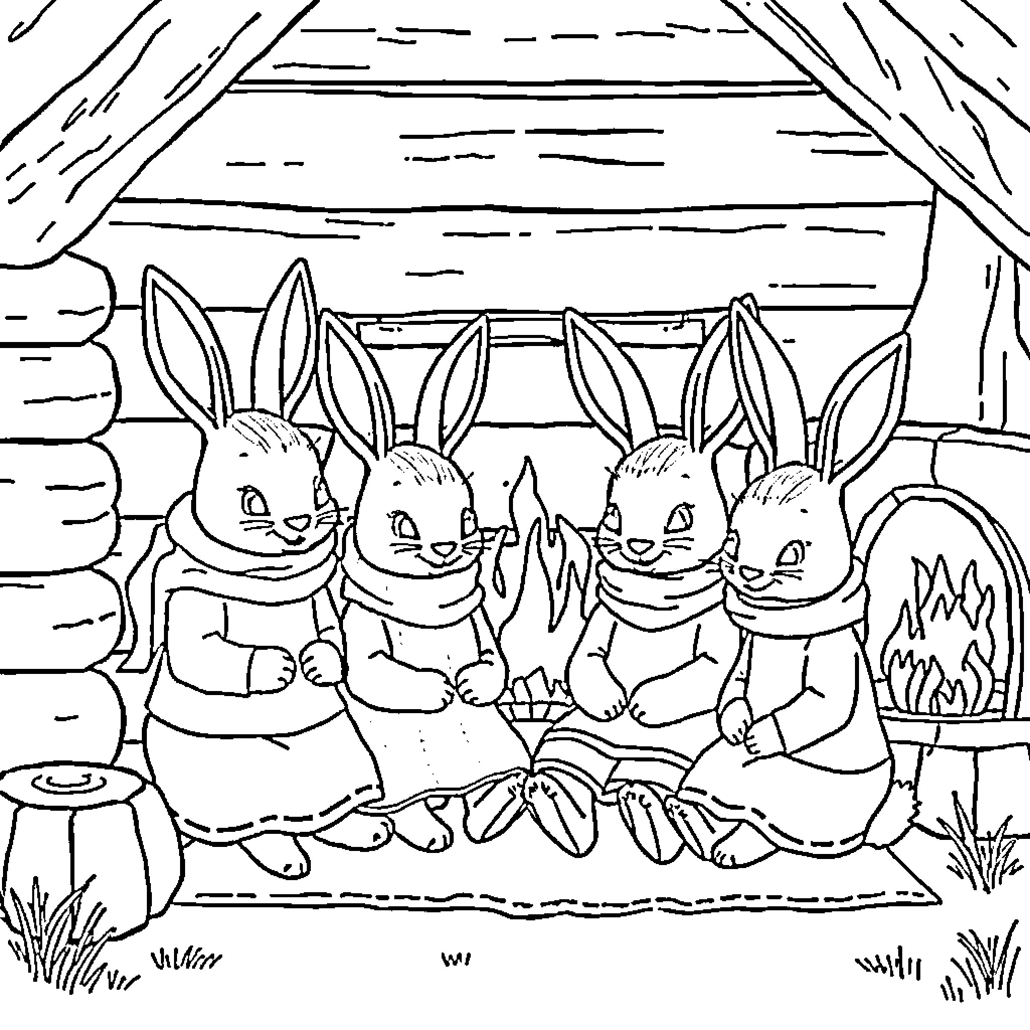 Bunny family enjoying a peaceful moment together Coloring Page (free black-and-white line drawing printable PDF for all, from beginners to advanced learners, including children, teens, adults, and seniors)